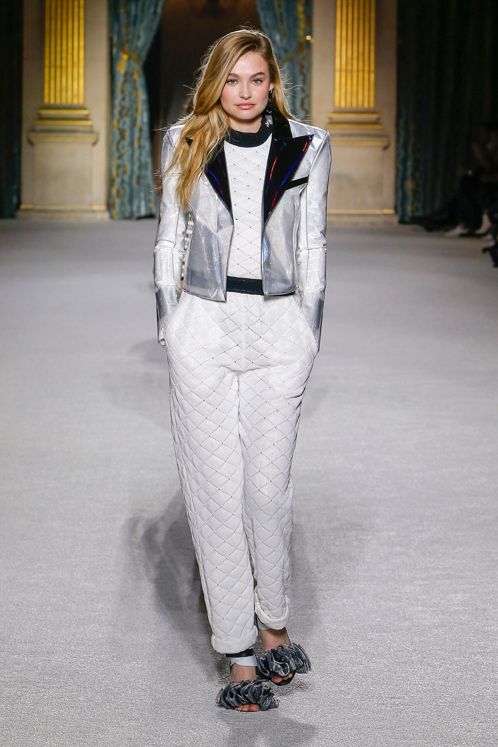 silver fitted jacket with quilted pants