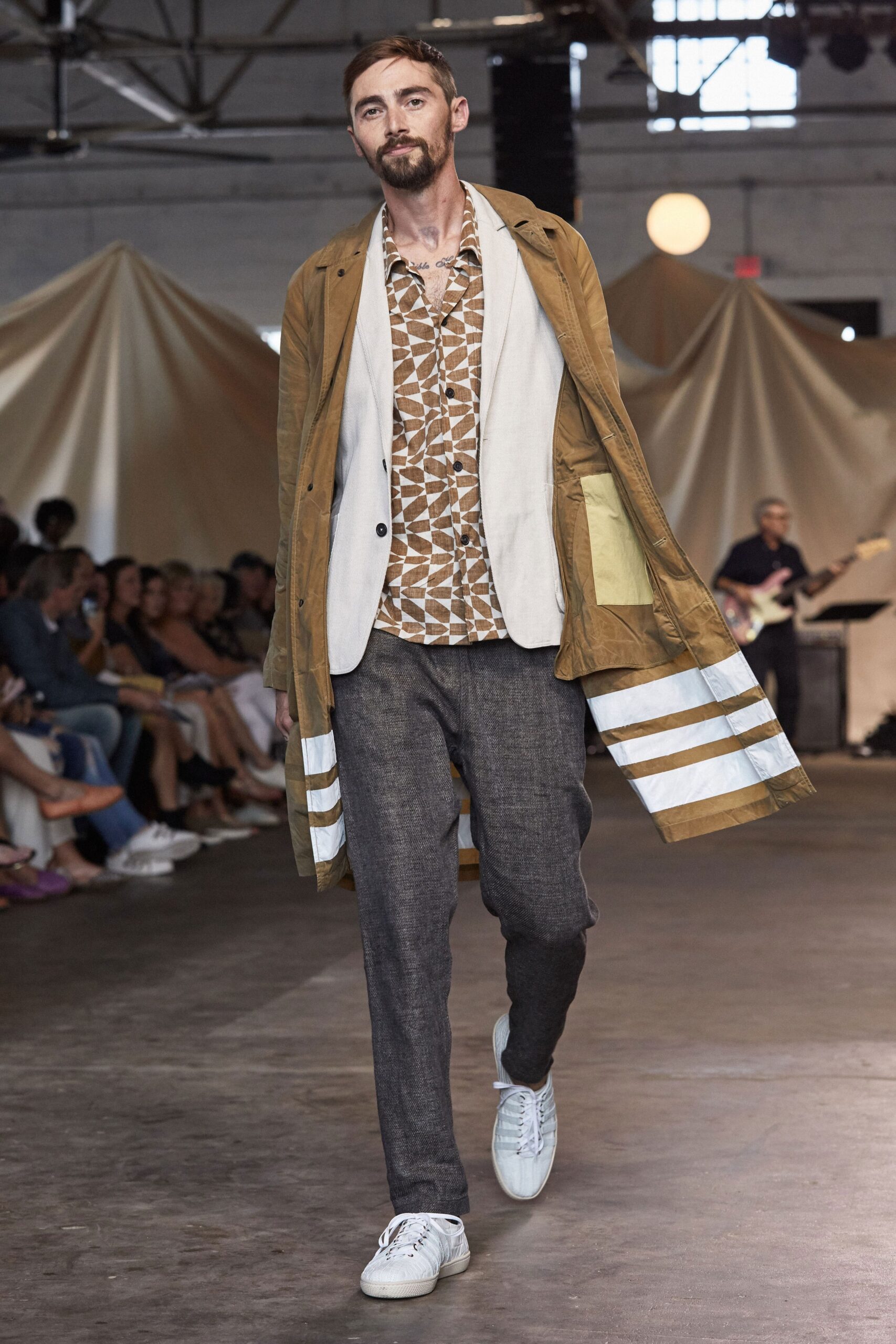 brown striped open-front coat