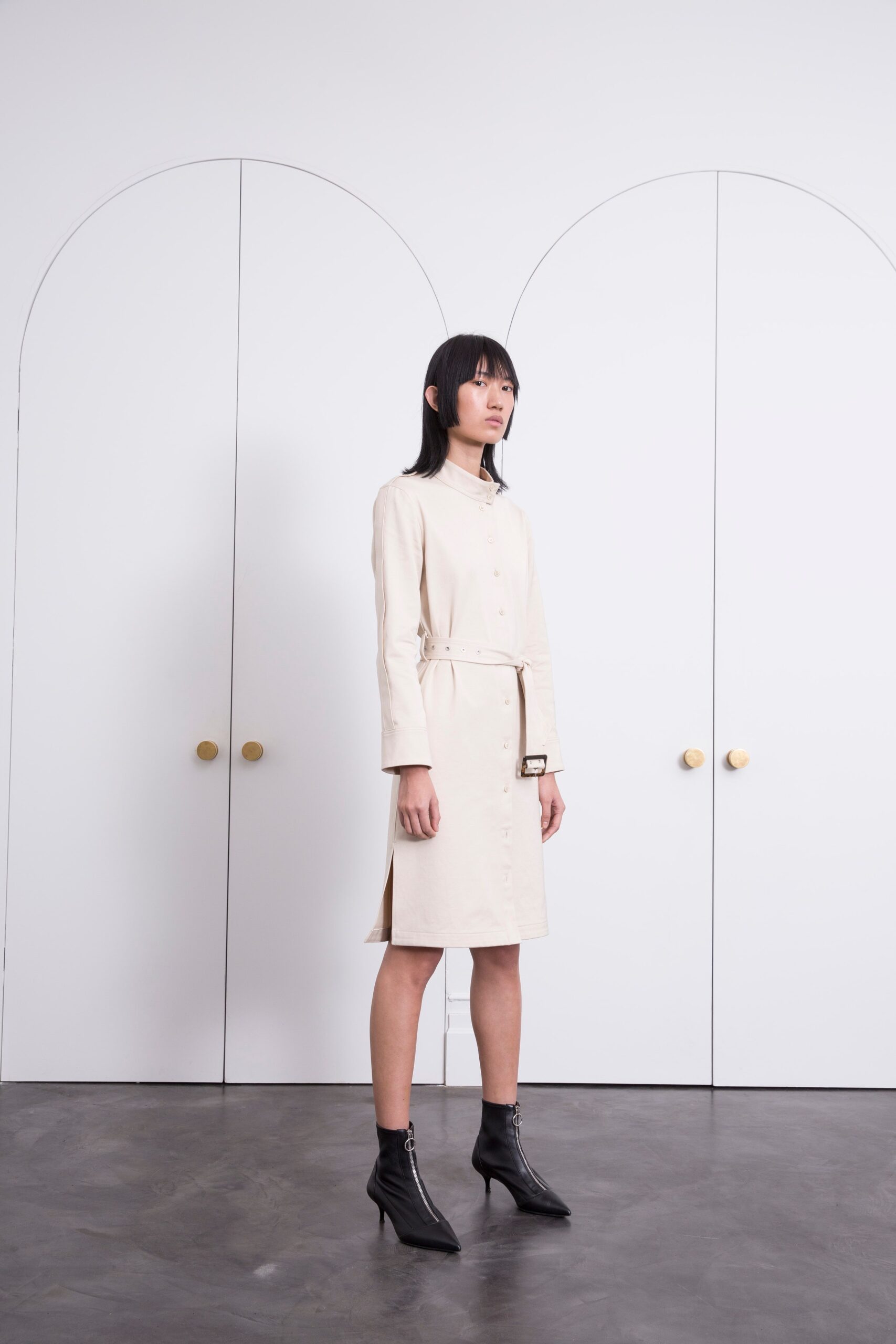 ivory belted button-front midi-dress