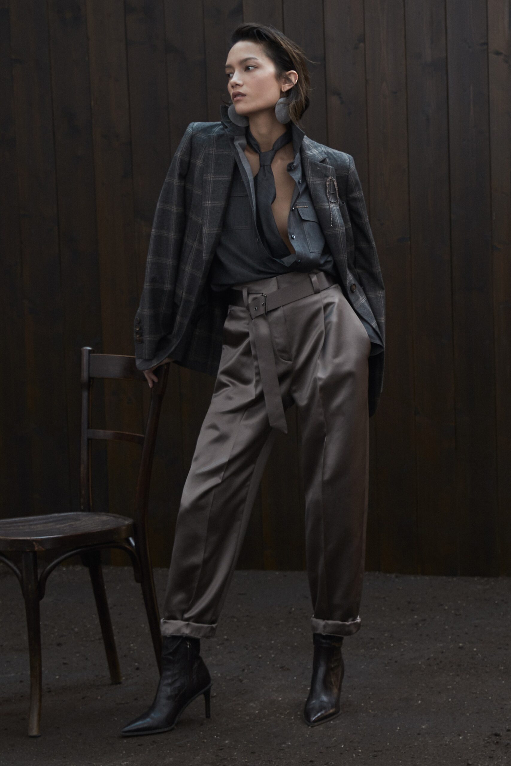 gray satin high-waisted wide-leg cuffed shiny pants