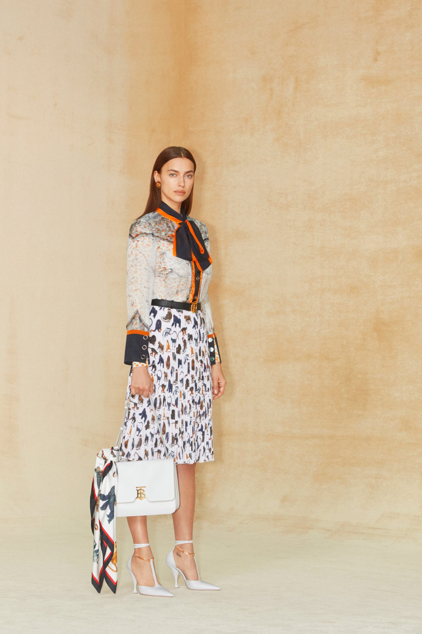 white unknown long-sleeve high-neck printed pleated midi midi-dress