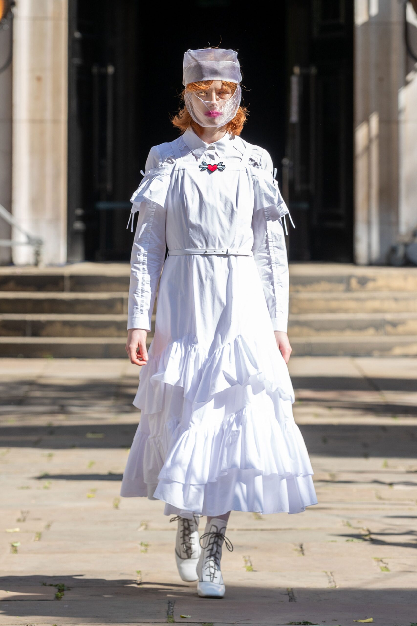 white cotton long-sleeve collared ruffled tiered maxi maxi-dress