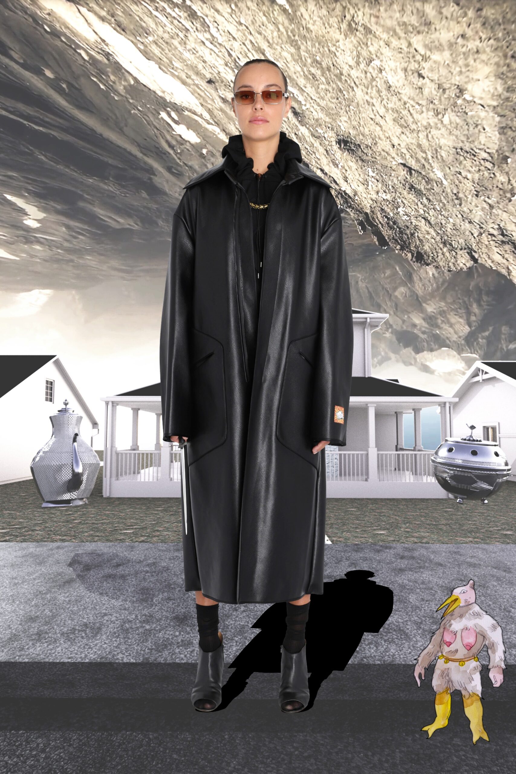 black leather oversized maxi coat