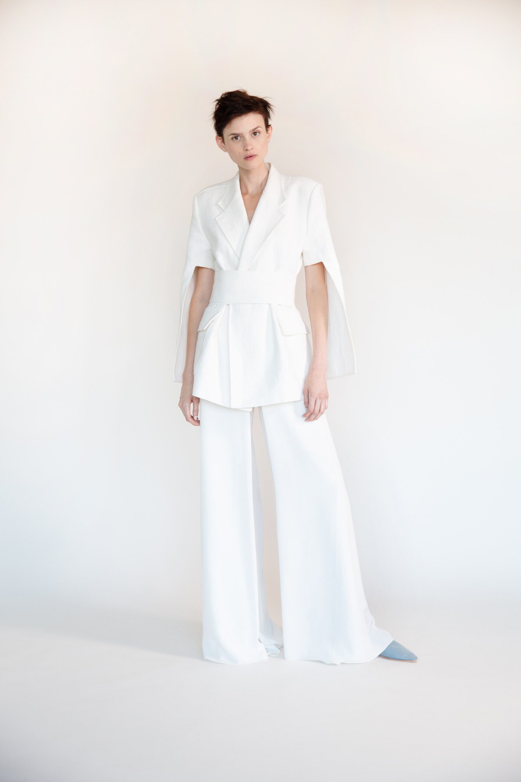 white unknown collared v-neck structured belted pockets jacket