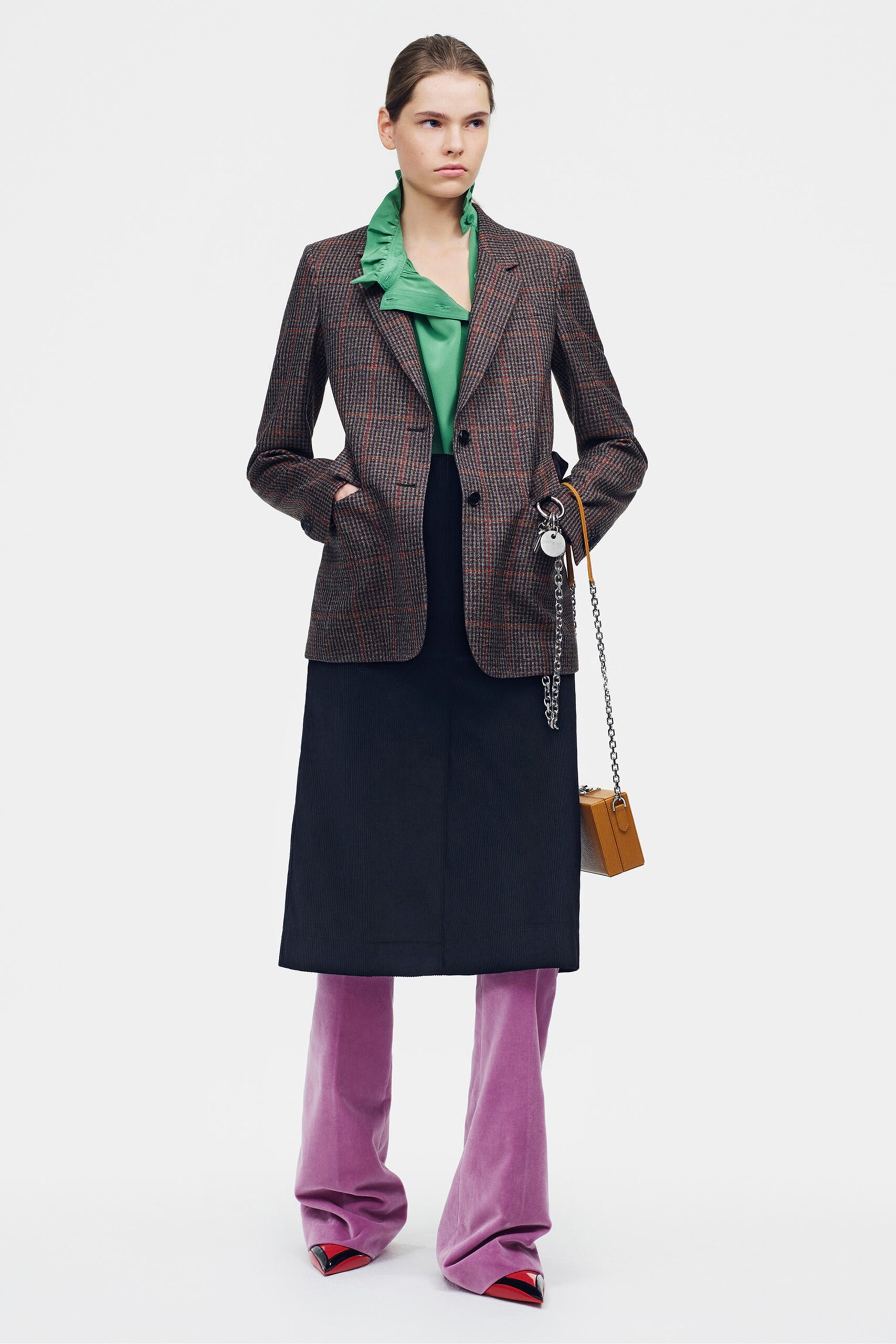 brown wool long-sleeve collared tailored checked buttoned blazer