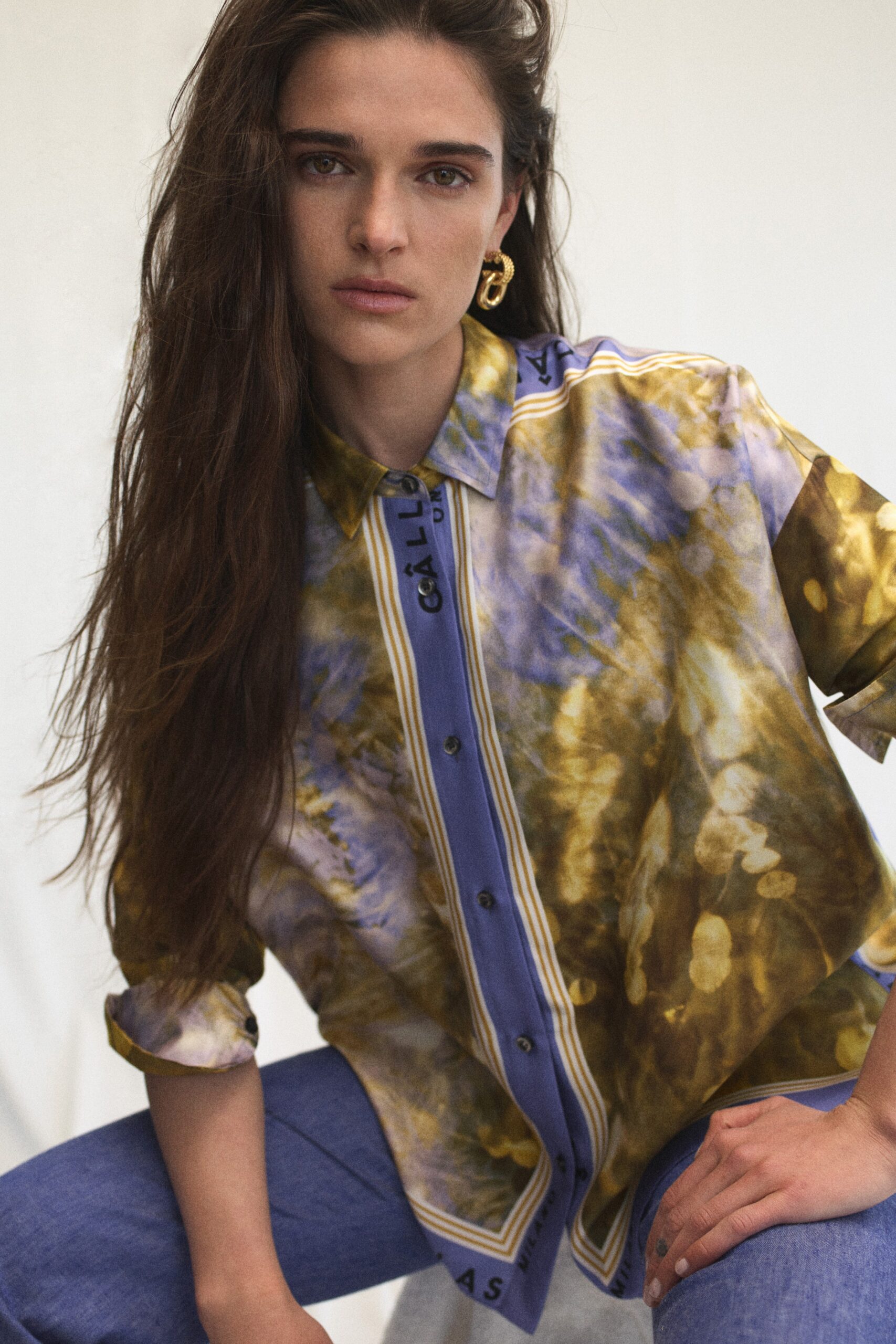 scarf-print silk button-front shirt