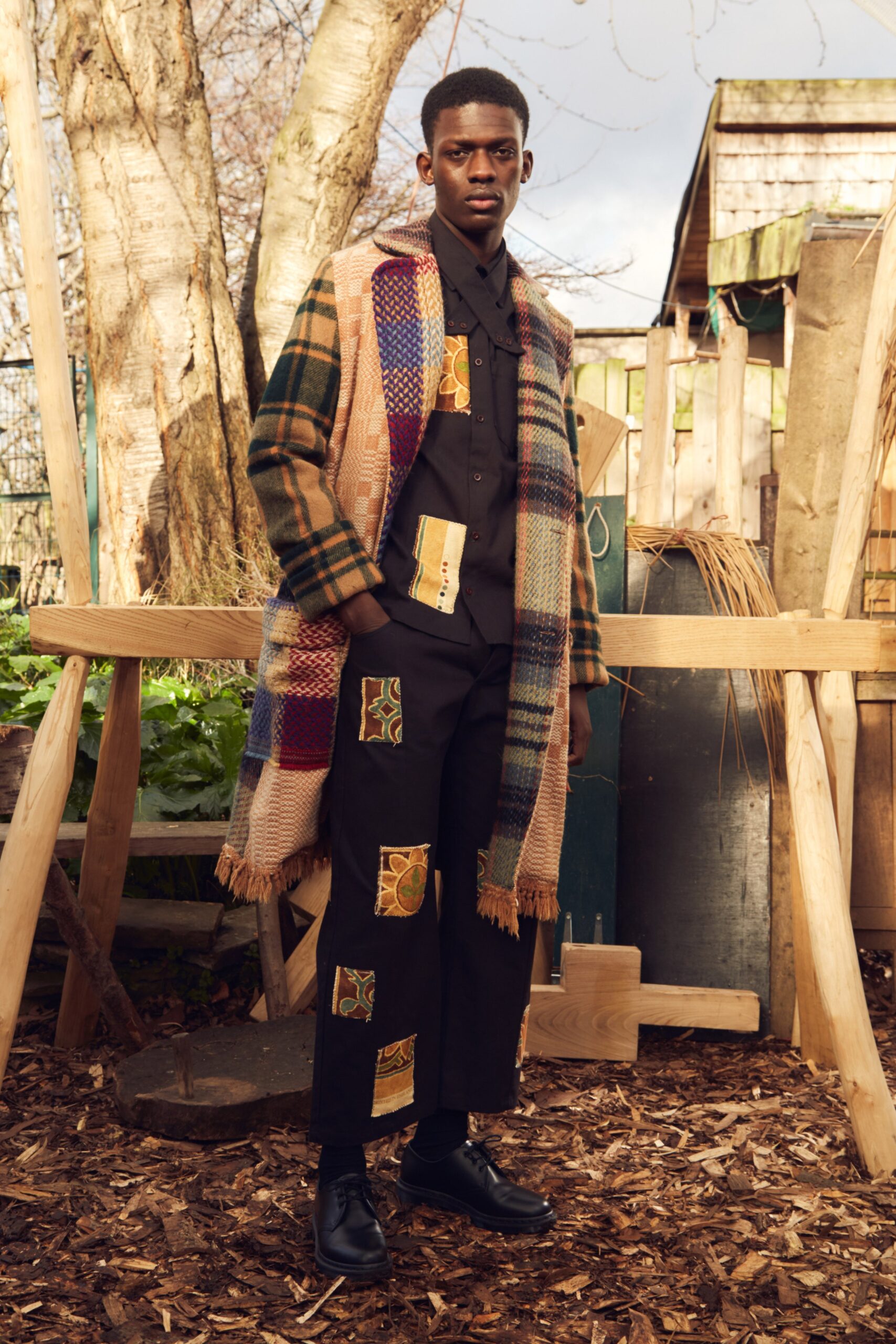 oversized checked fringed wool coat
