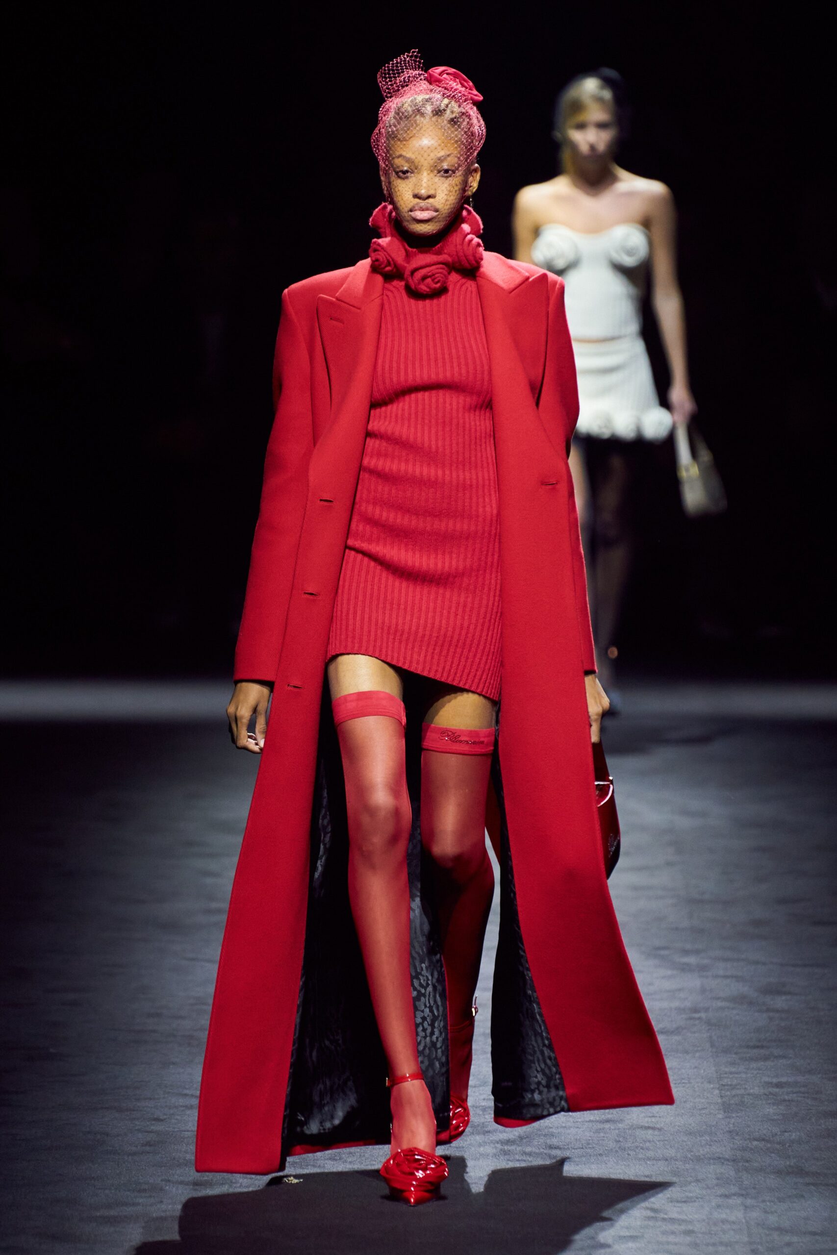 red nylon thigh-high sheer tights