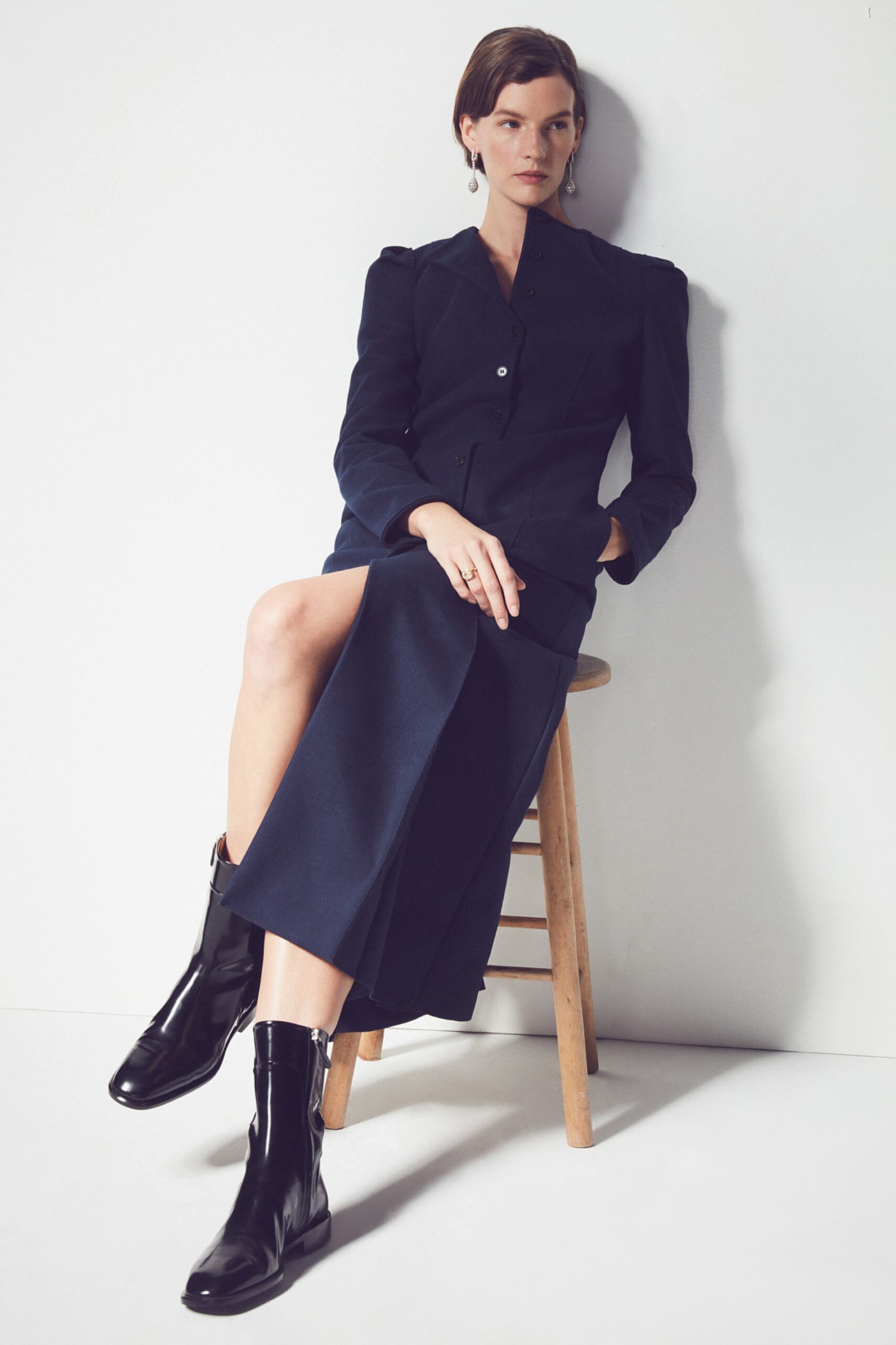 black tailored collared midi dress