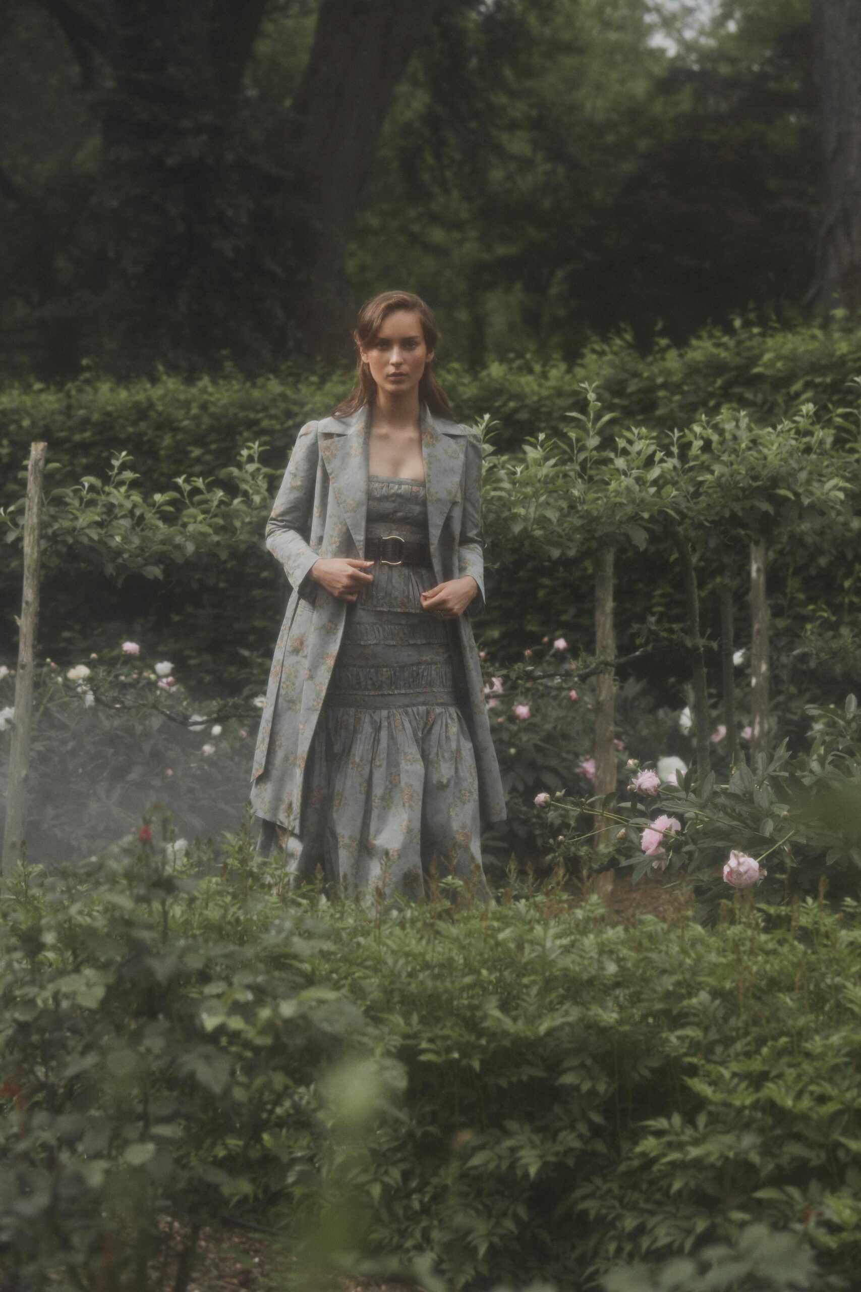 blue unknown long-sleeve collared tailored floral maxi coat