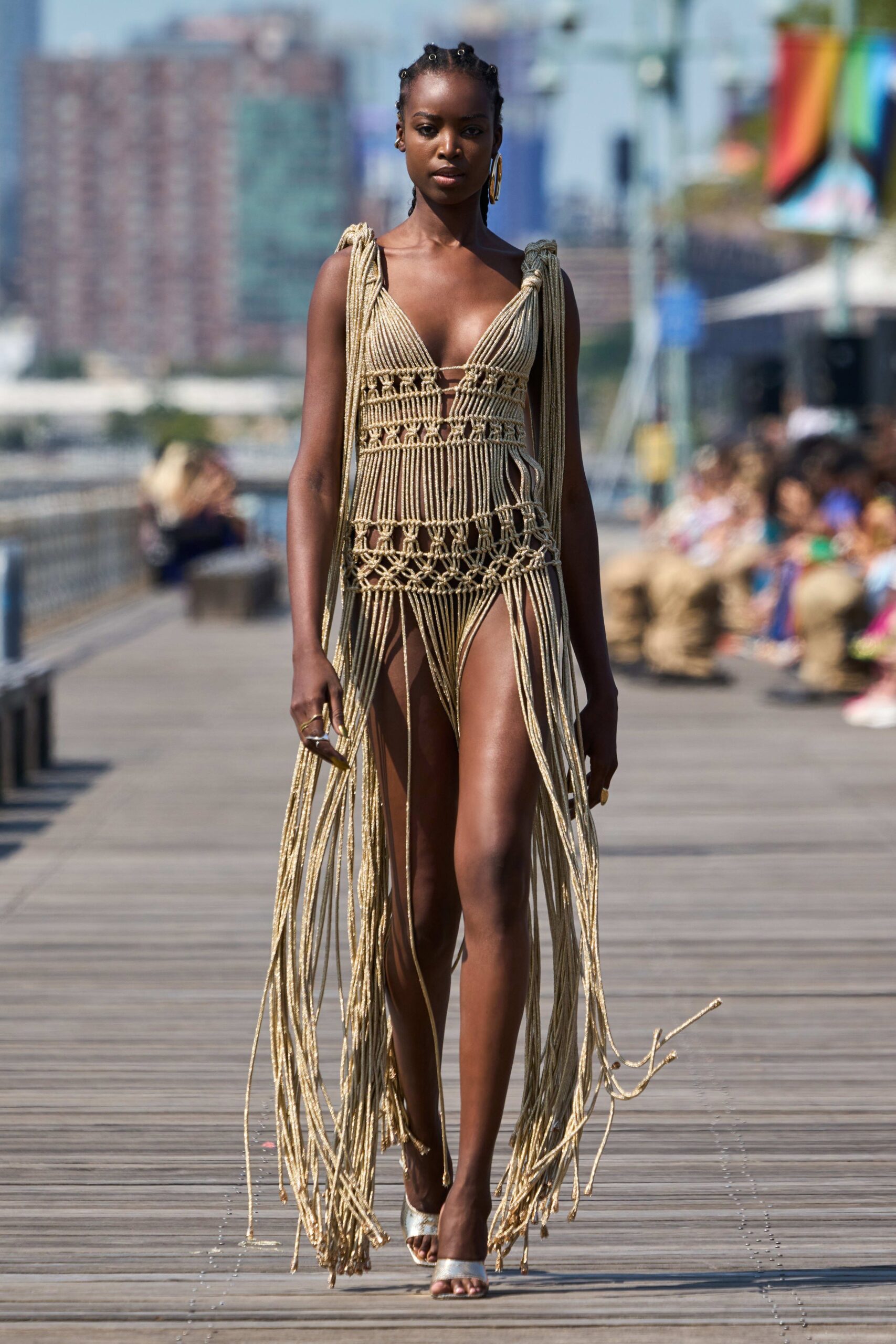 gold crochet sleeveless spaghetti-strap fitted fringed openwork dress