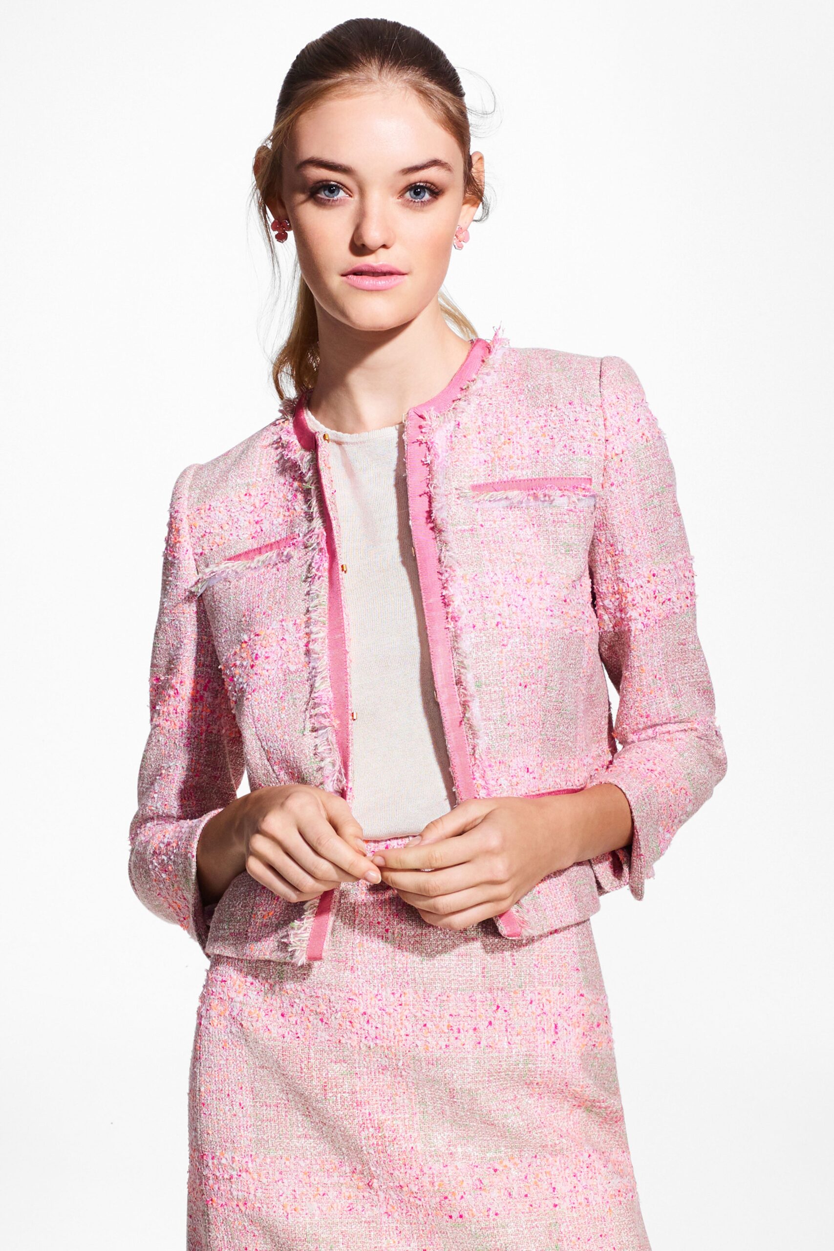 pink tweed fringed cropped jacket