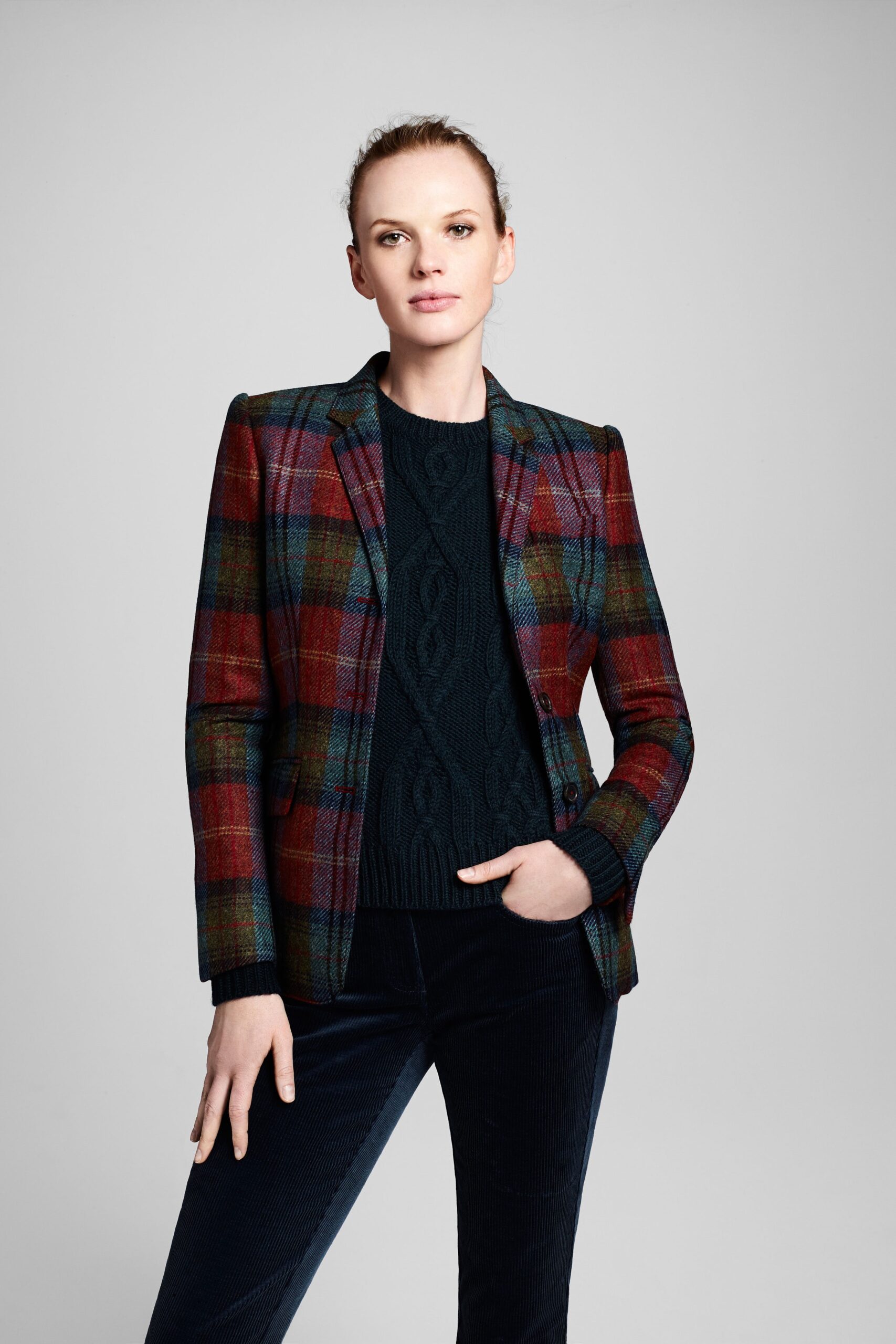 red plaid tailored blazer