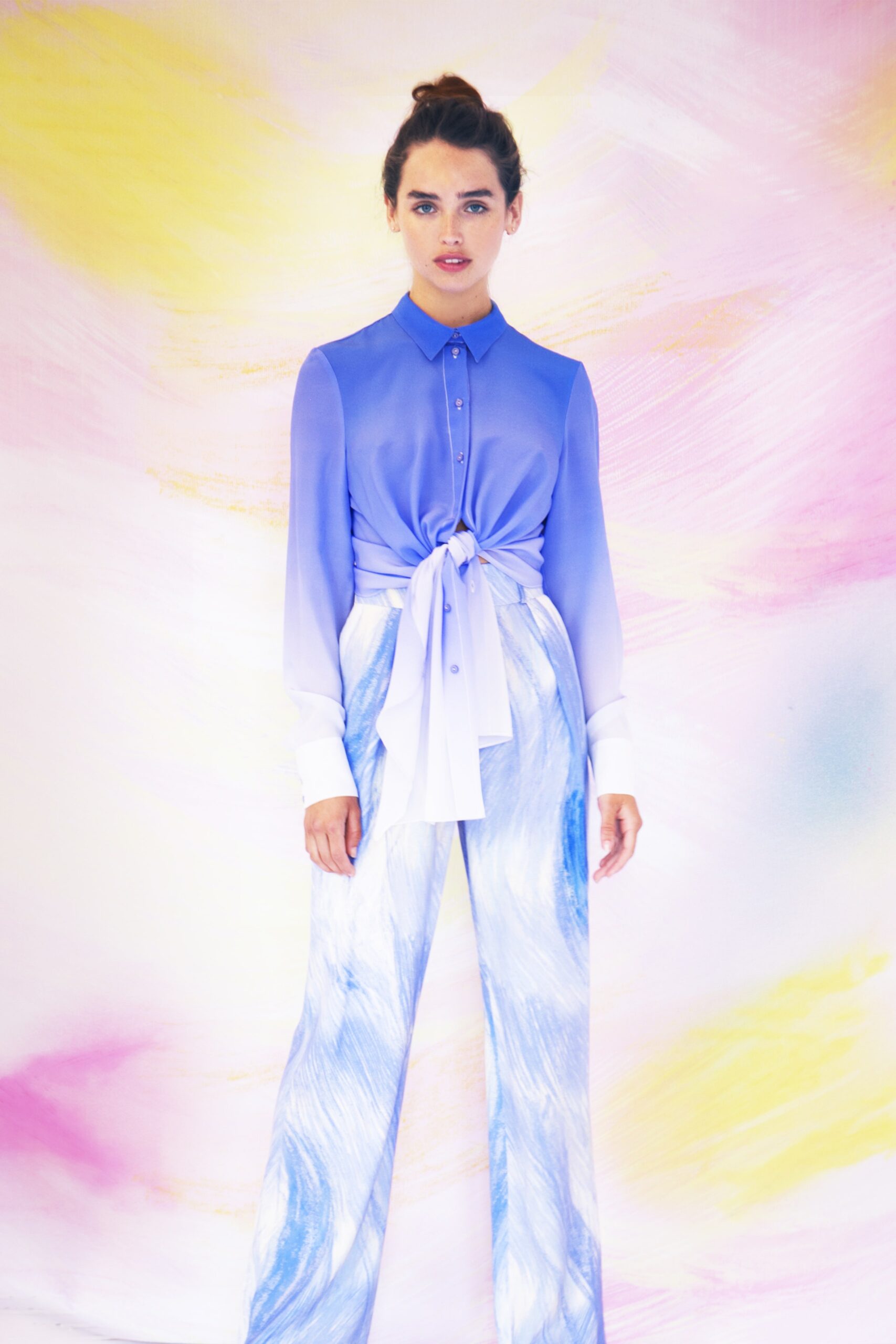 blue tie-front sheer blouse