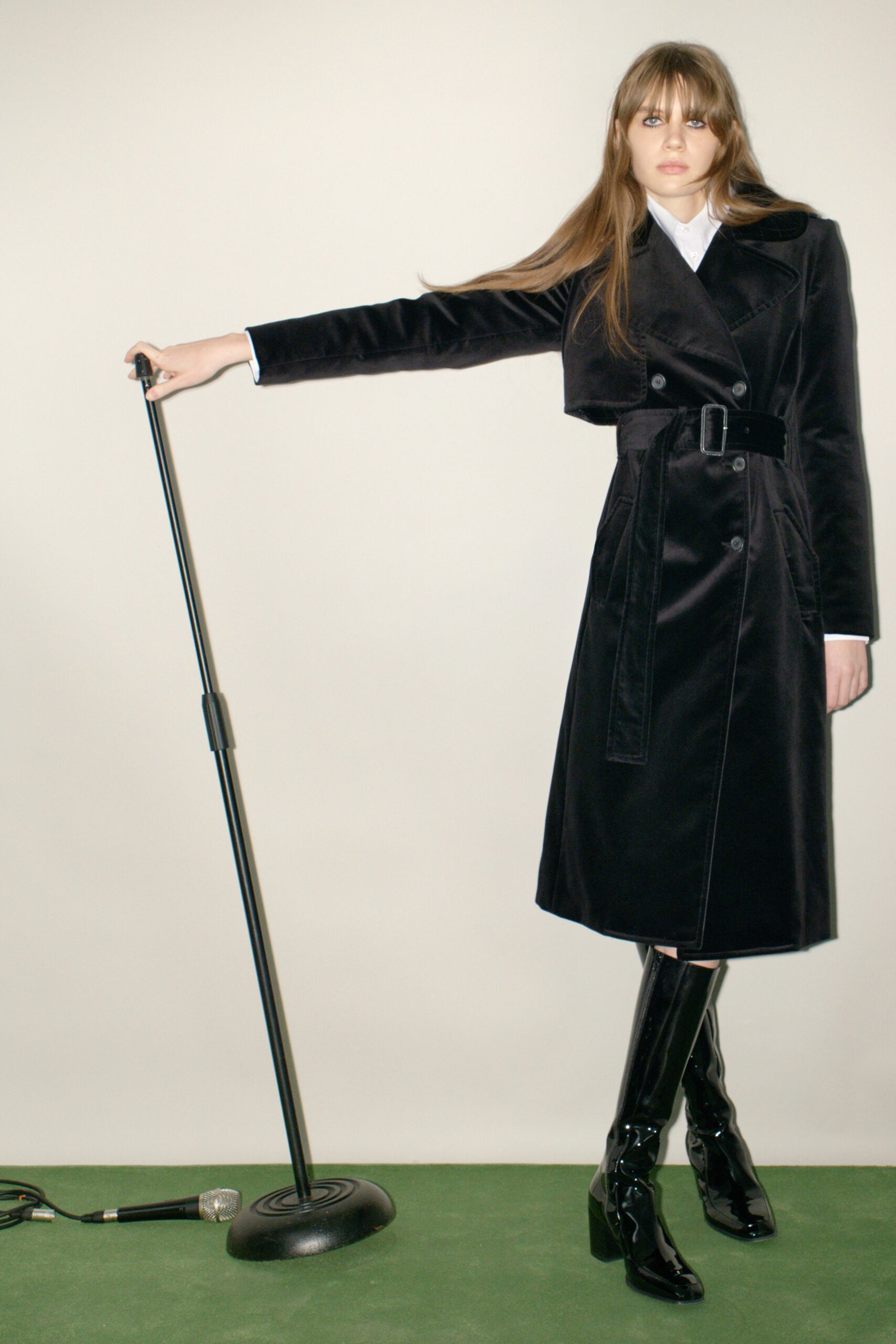 black velvet belted trench coat