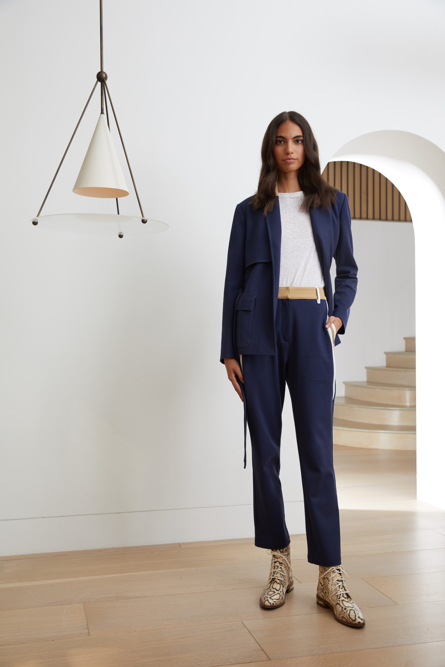 blue open-front tailored jacket