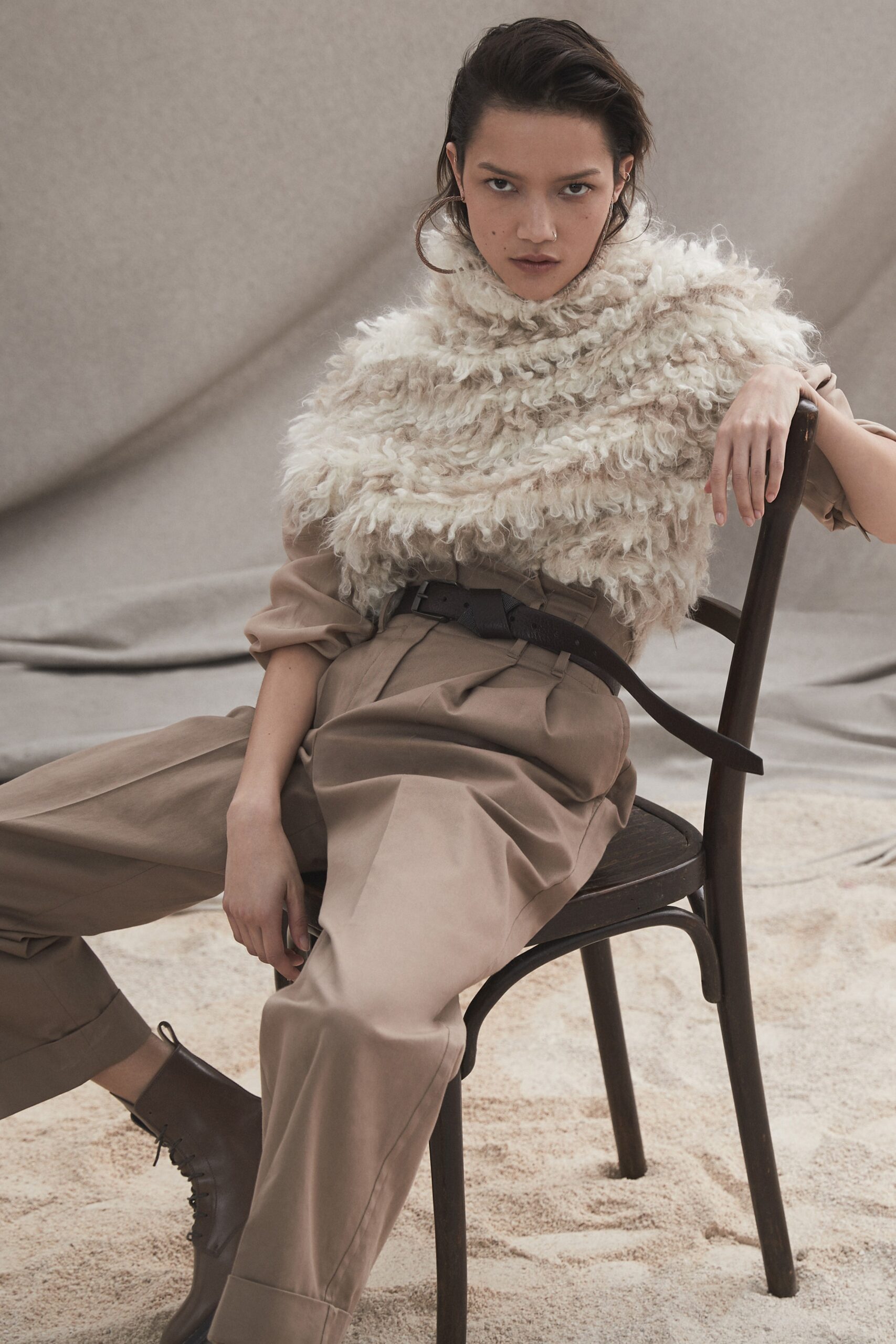 beige unknown short-sleeve relaxed belted flowing jumpsuit