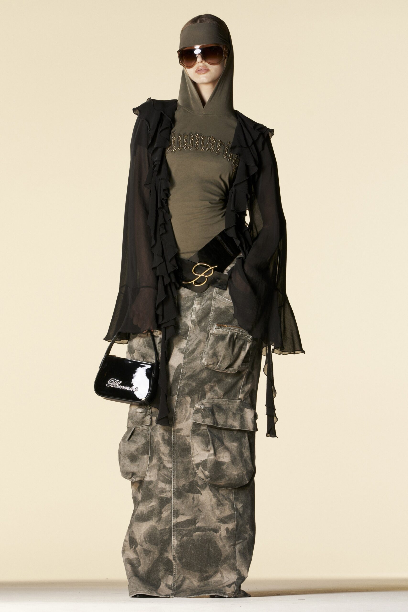 black chiffon open-front long-sleeve relaxed ruffled layered blouse