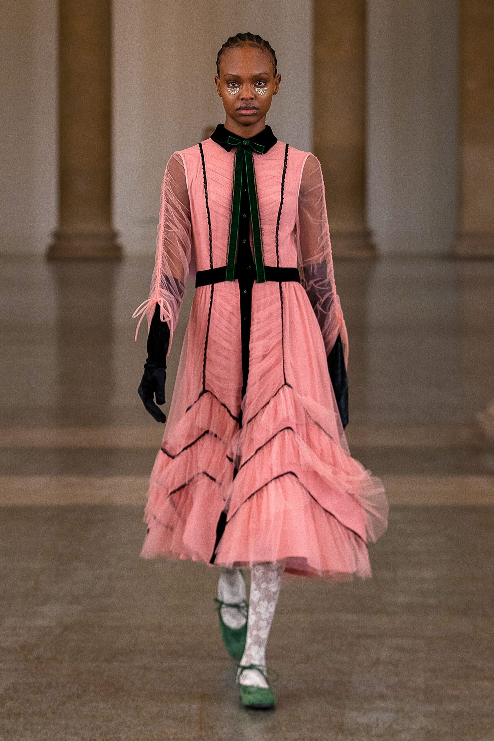 pink tulle long-sleeve collared fitted tiered ruched dress