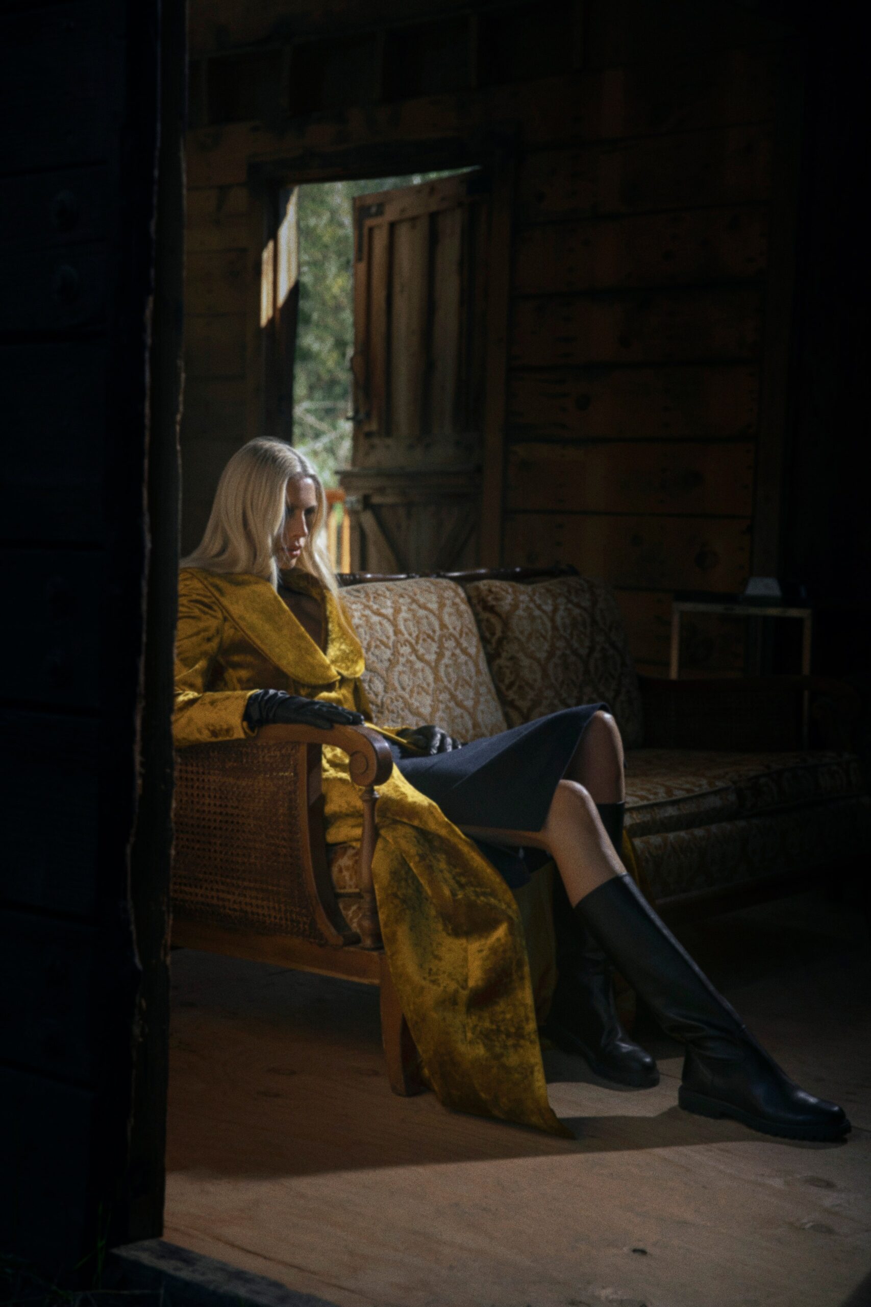 yellow velvet maxi coat