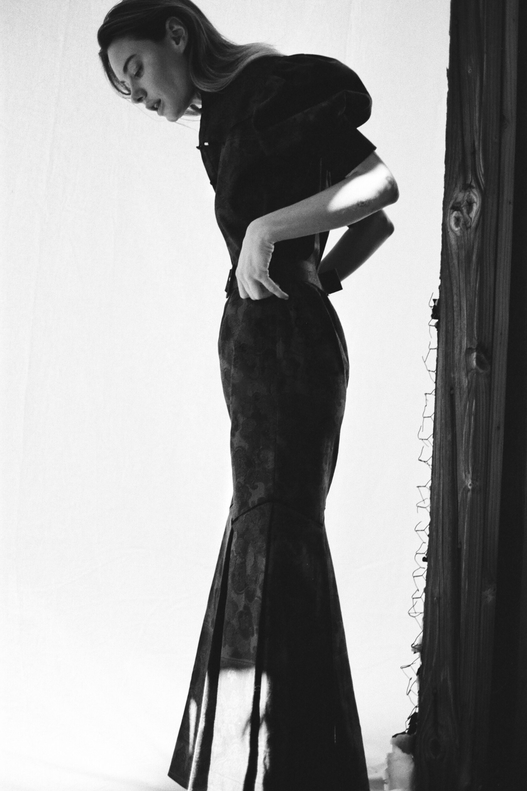 black jacquard short-sleeve gown