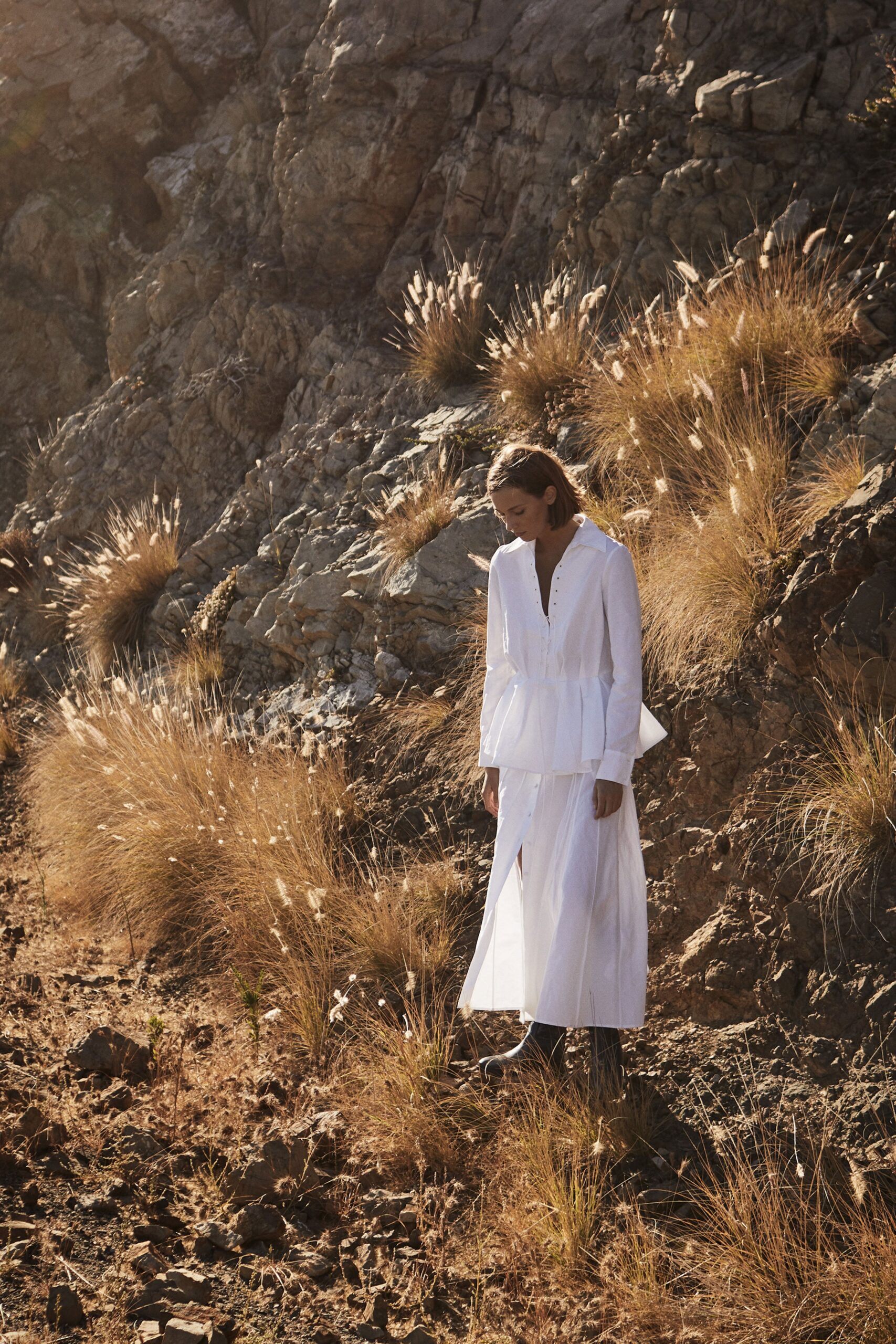 white cotton long-sleeve collared buttoned layered flowing maxi-dress