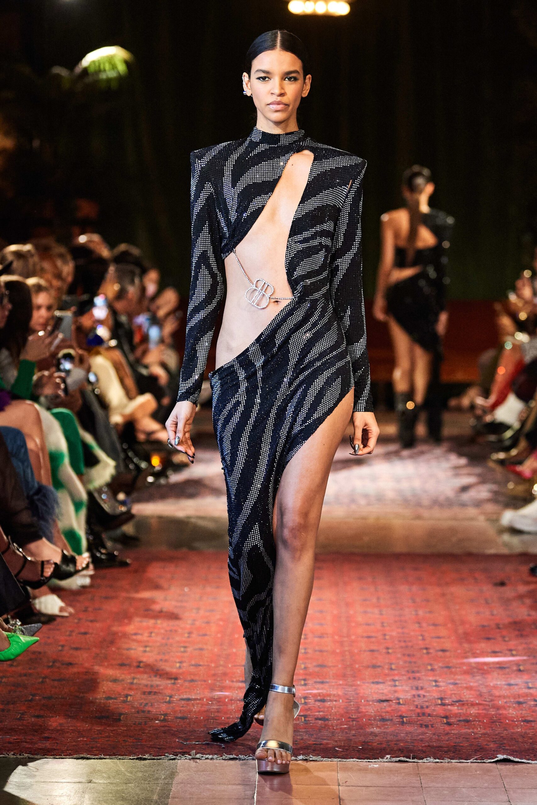 zebra sequin cutout evening gown
