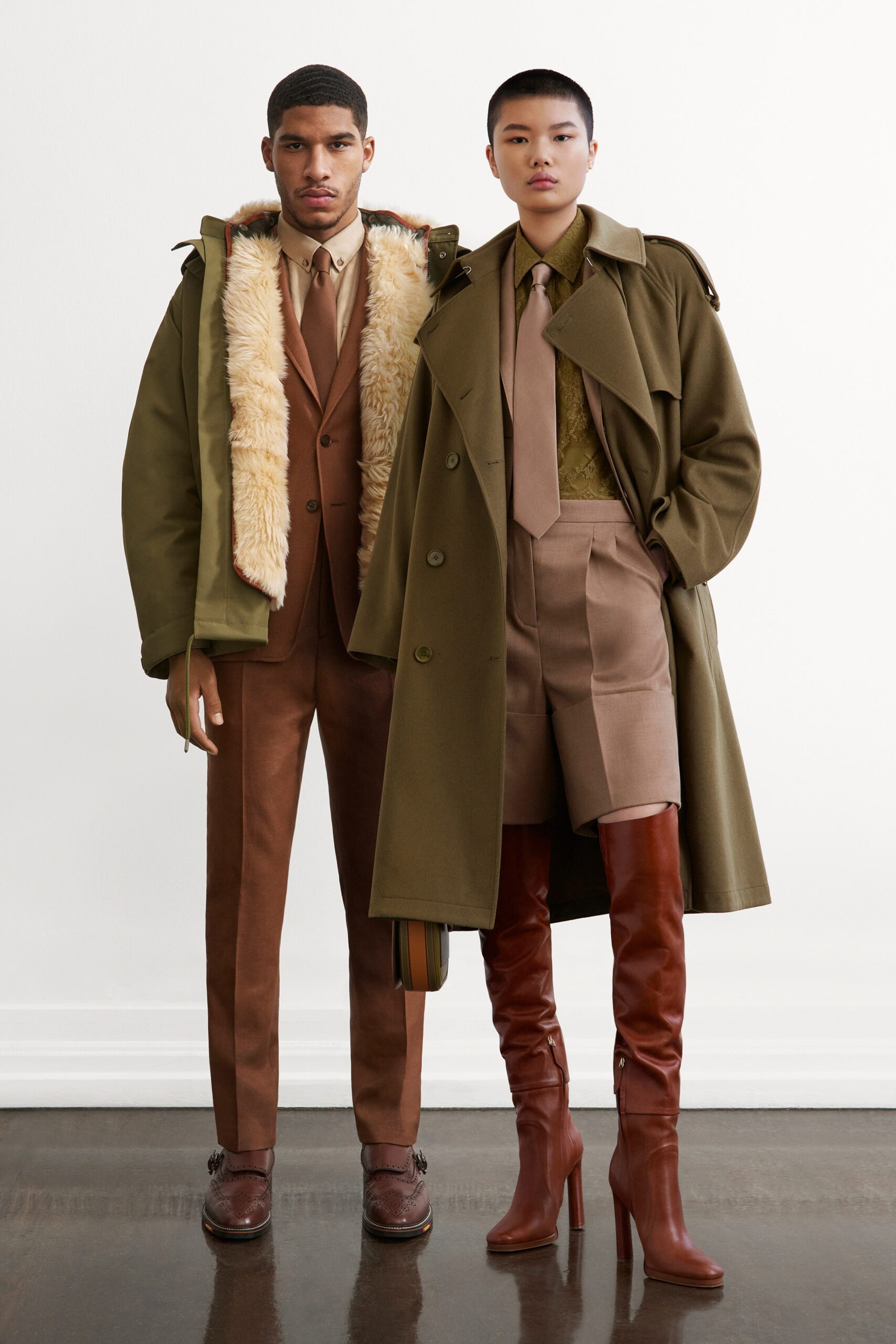 green nylon long-sleeve hooded relaxed fur-trimmed textured parka