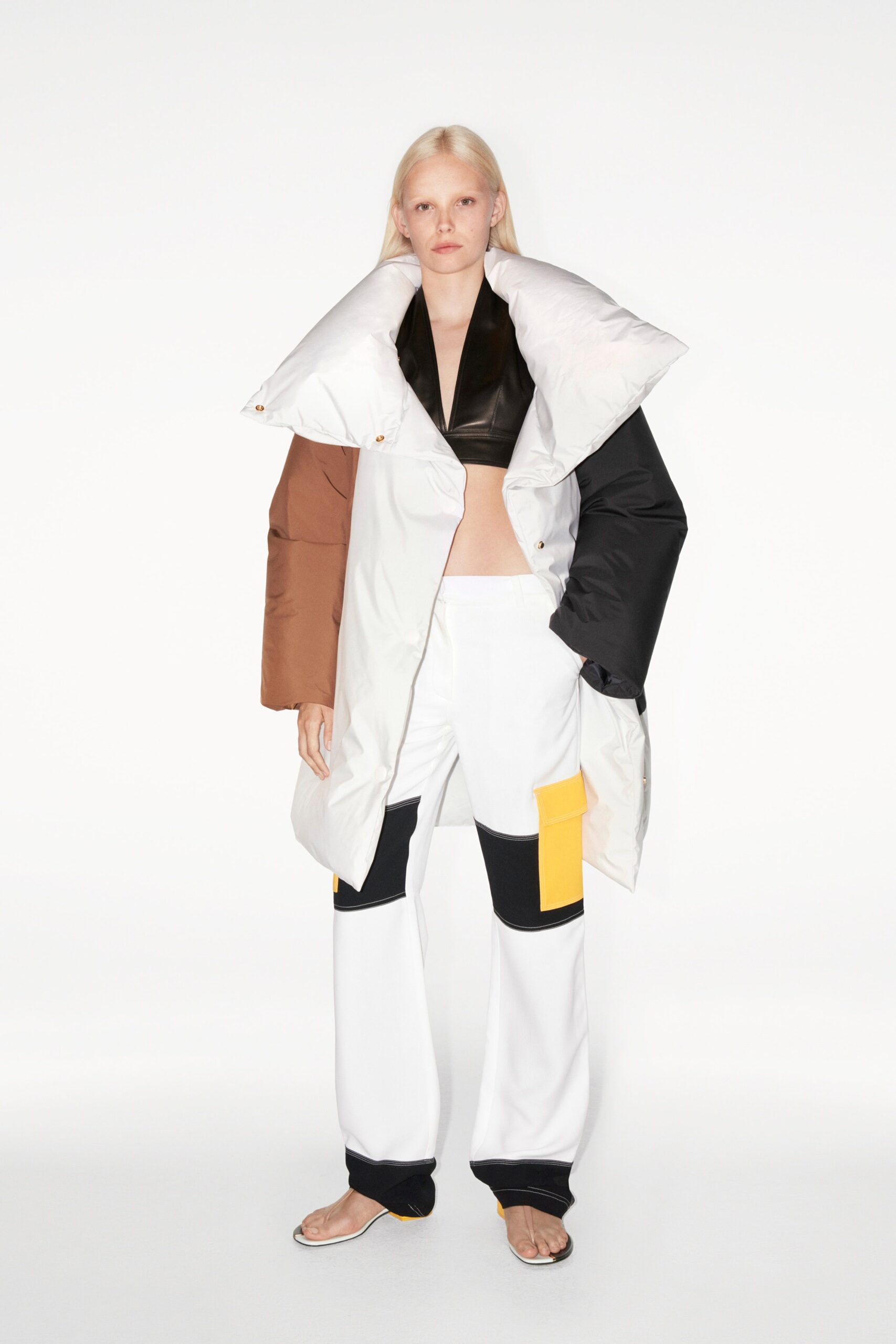 white nylon long-sleeve open-front oversized color-blocked padded coat