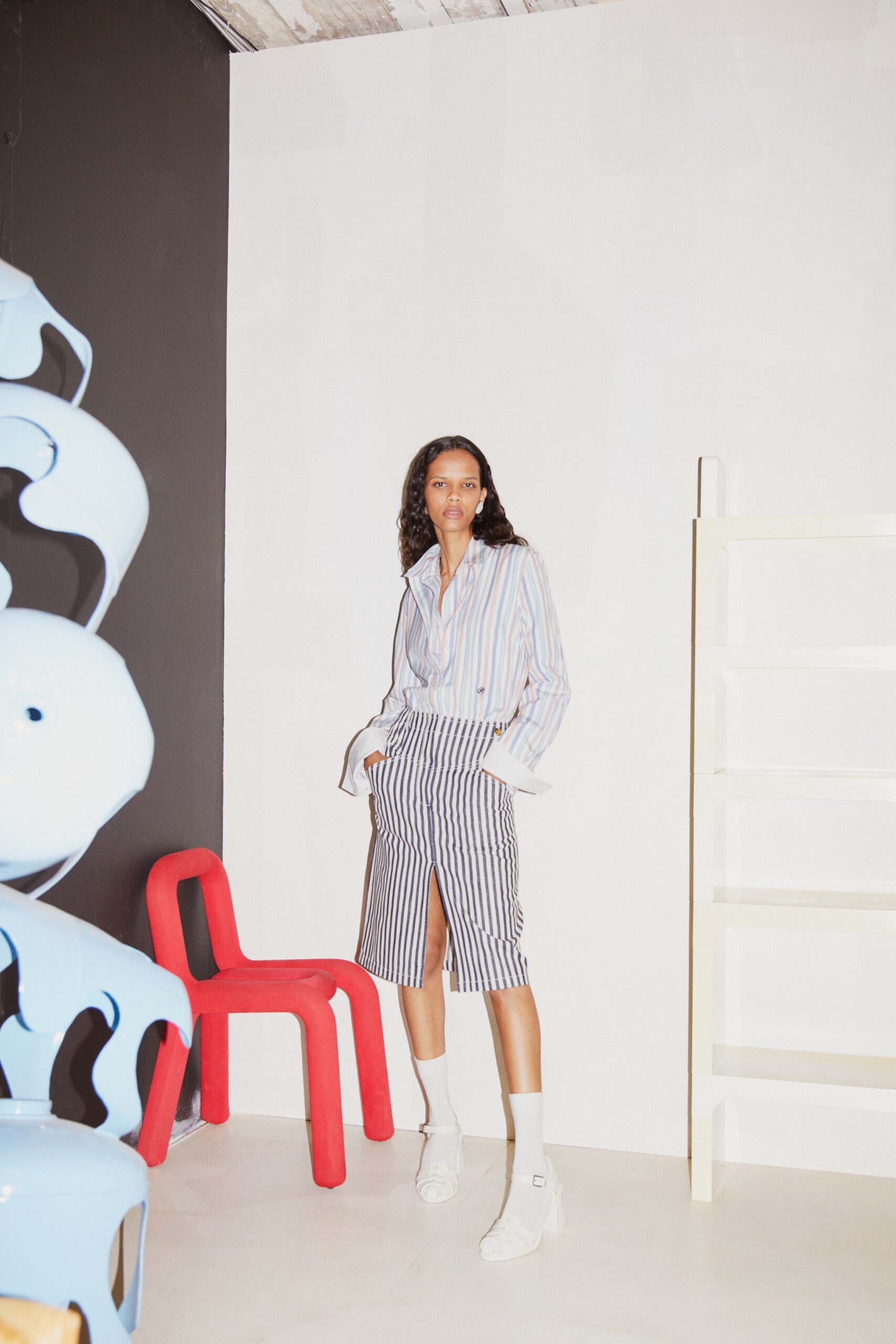 striped front-slit midi skirt