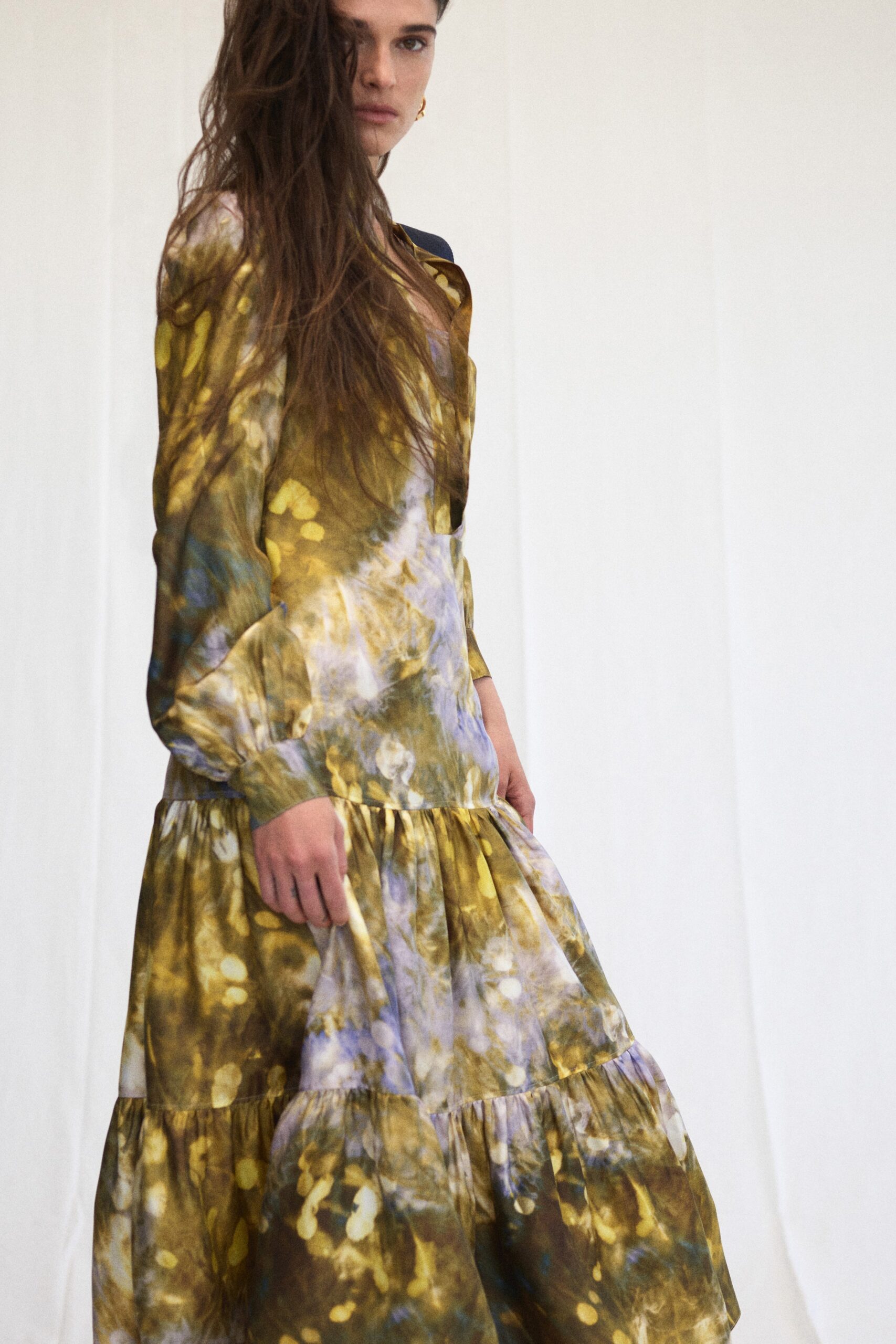 tiered printed satin maxi dress