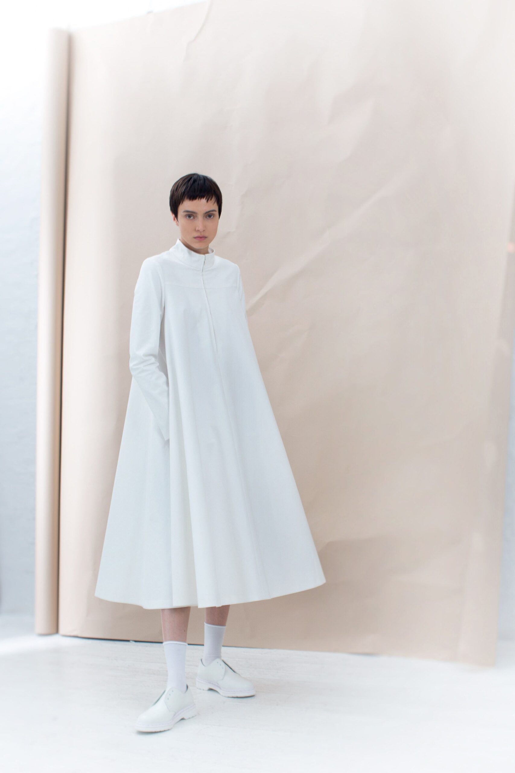 high-neck white midi dress