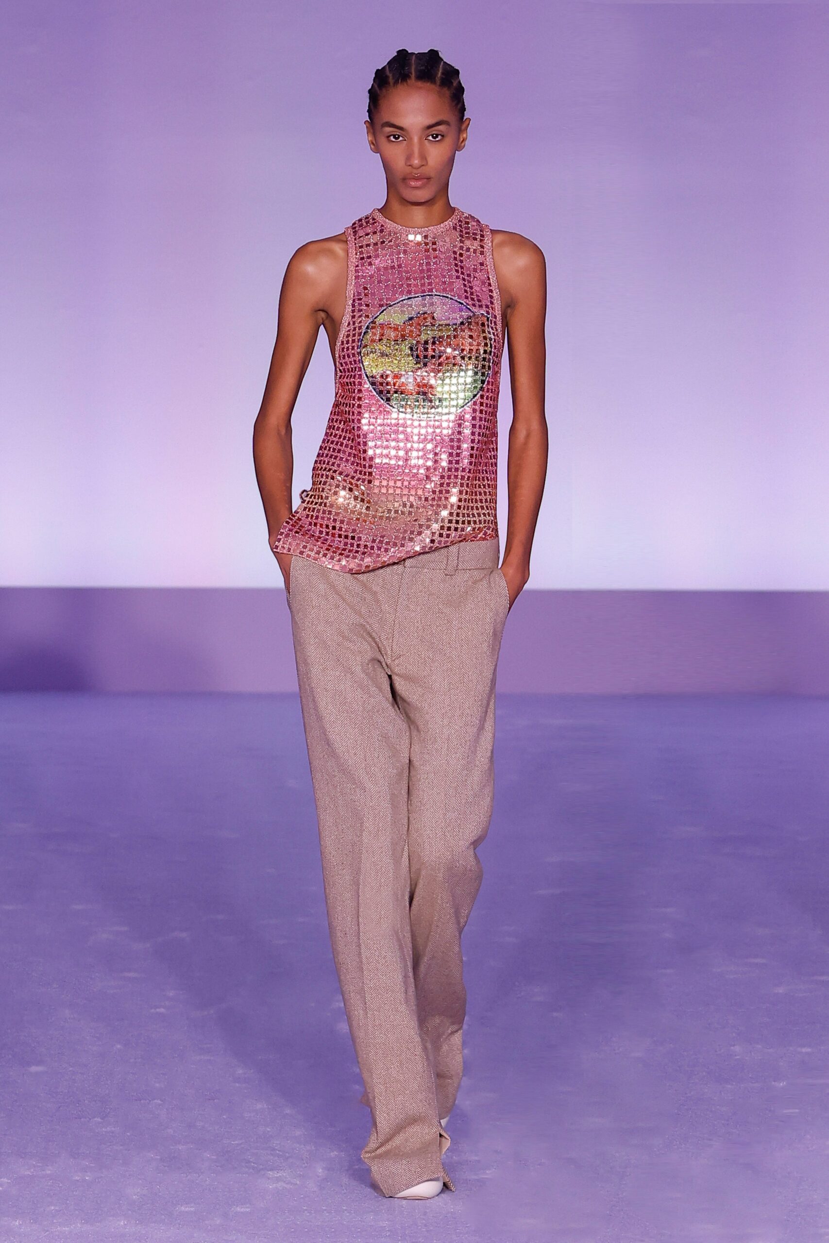 pink sequin sleeveless high-neck relaxed printed embellished top