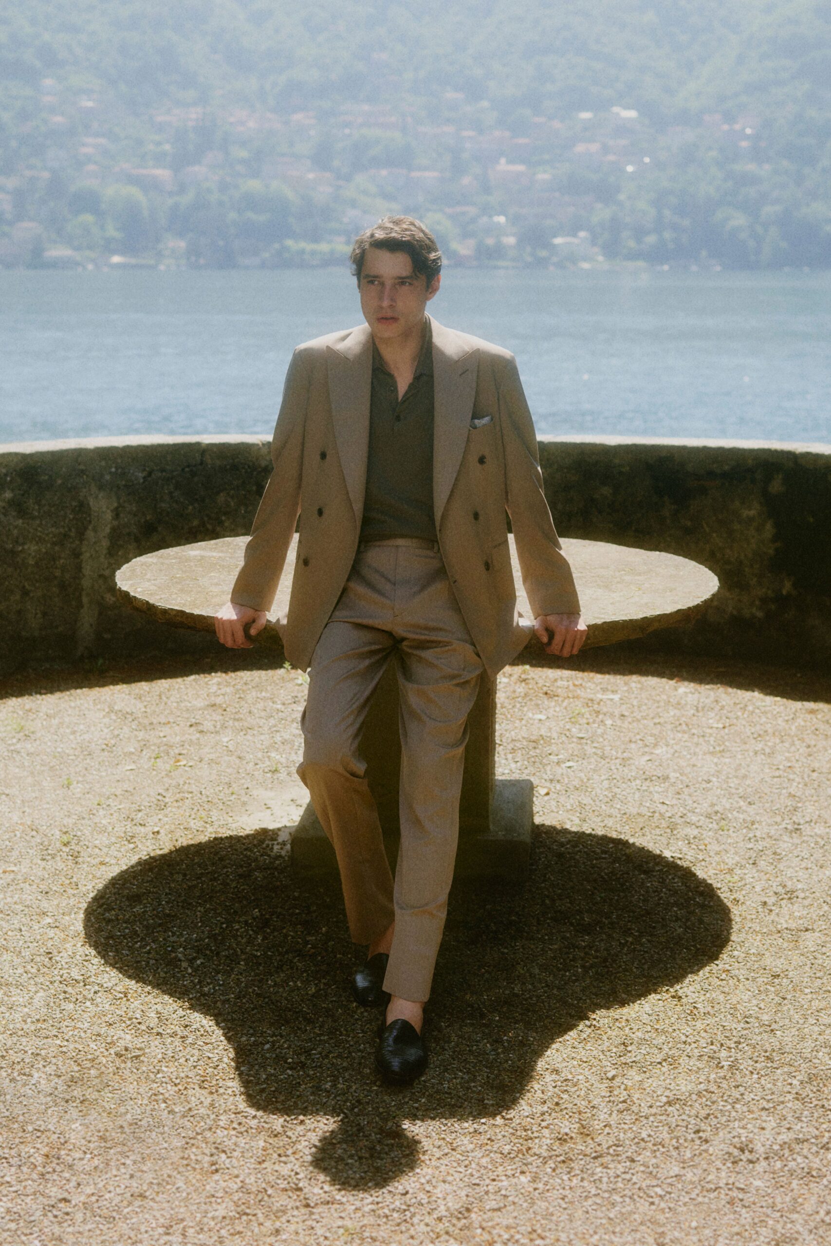 beige double-breasted tailored blazer