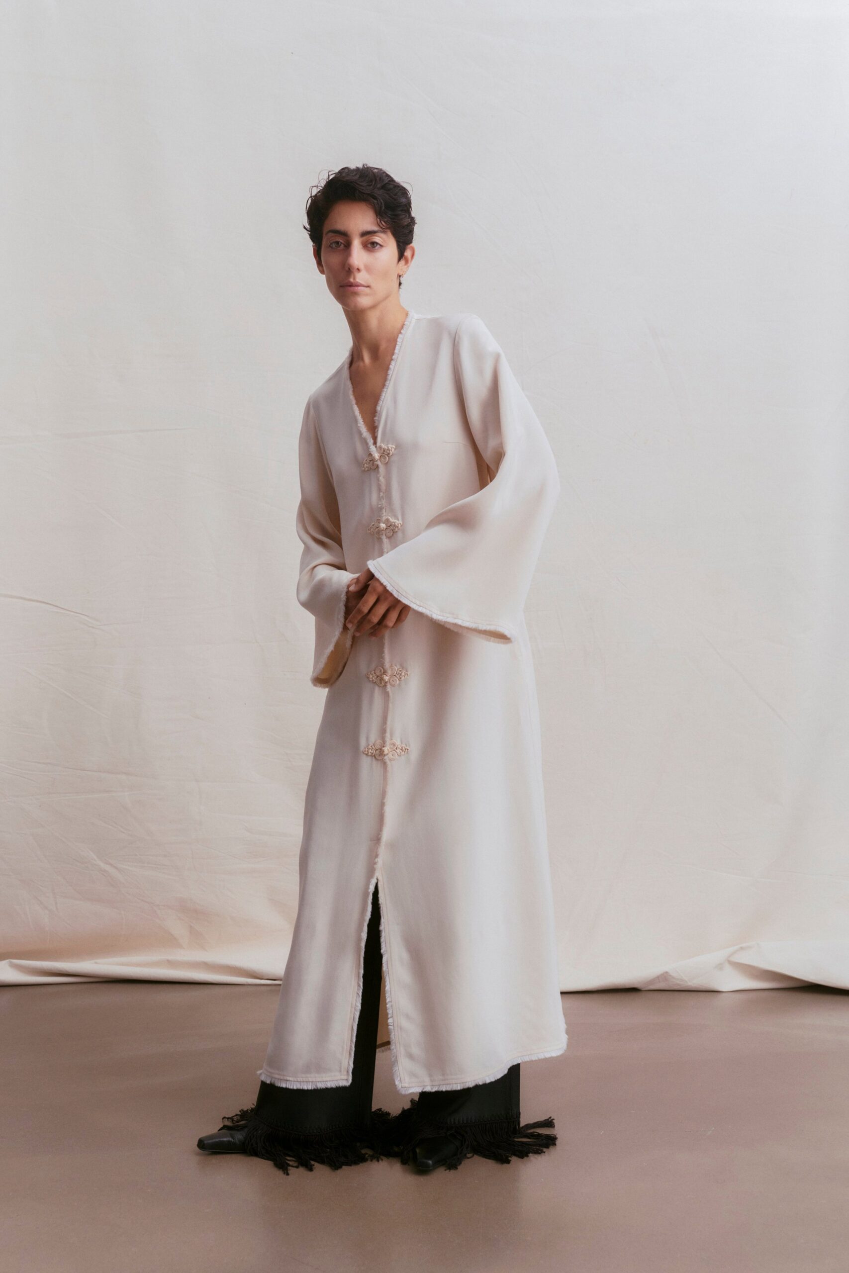 ivory satin long-sleeve v-neck relaxed embellished coat