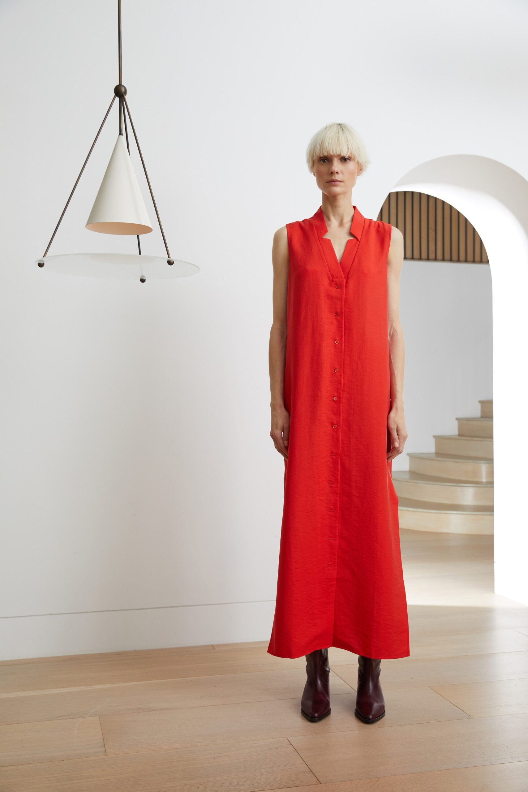 red satin sleeveless collared buttoned shiny flowing maxi-dress