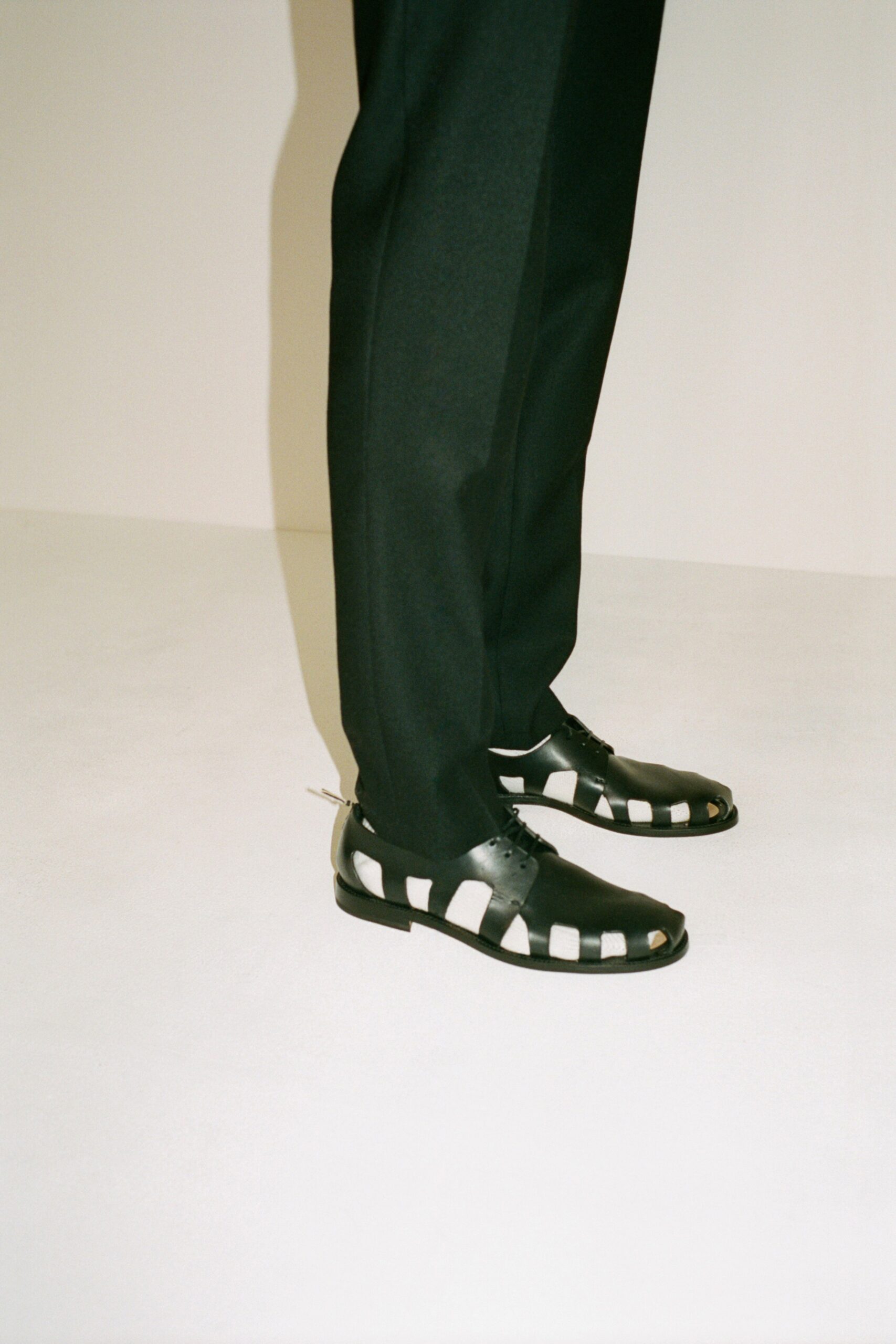 black leather open-toe lace-up shoes