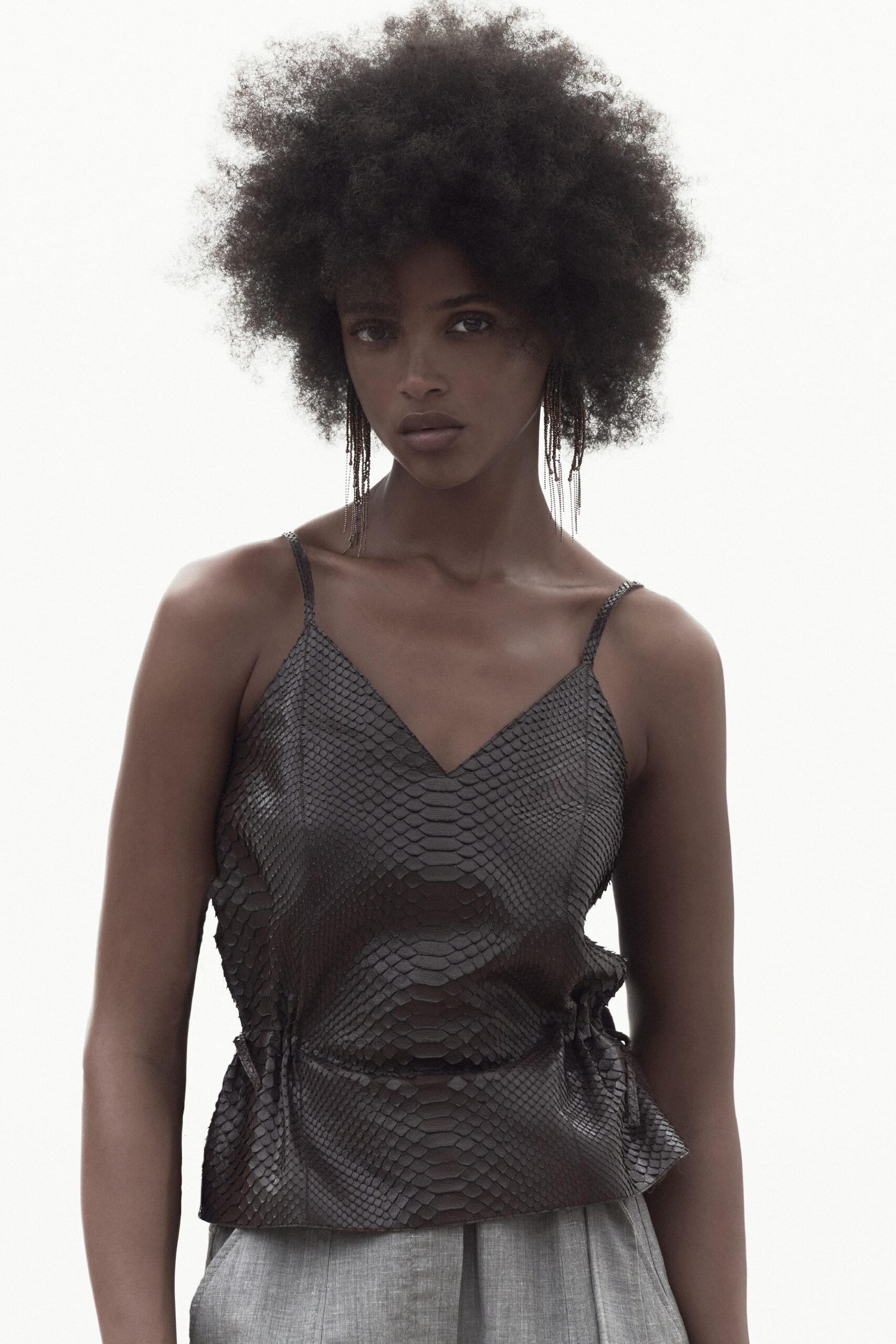 black leather sleeveless spaghetti-strap fitted animal-print textured top