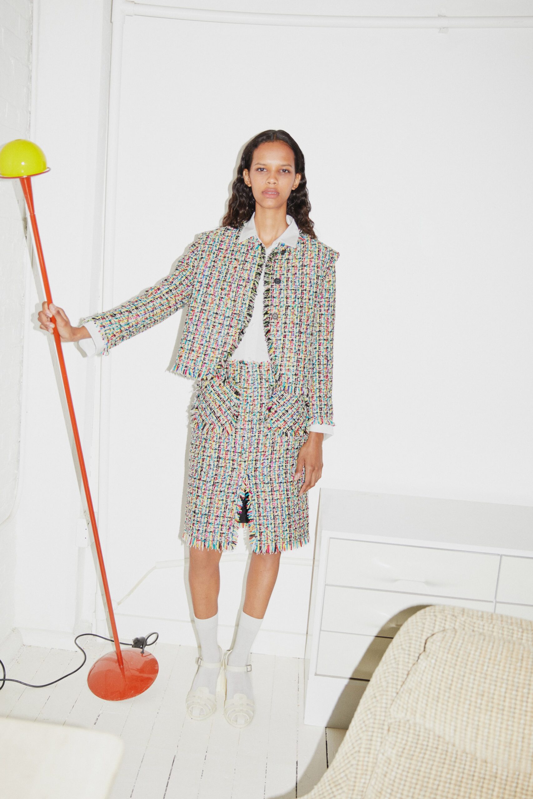 multi tweed long-sleeve collared structured checked fringed jacket