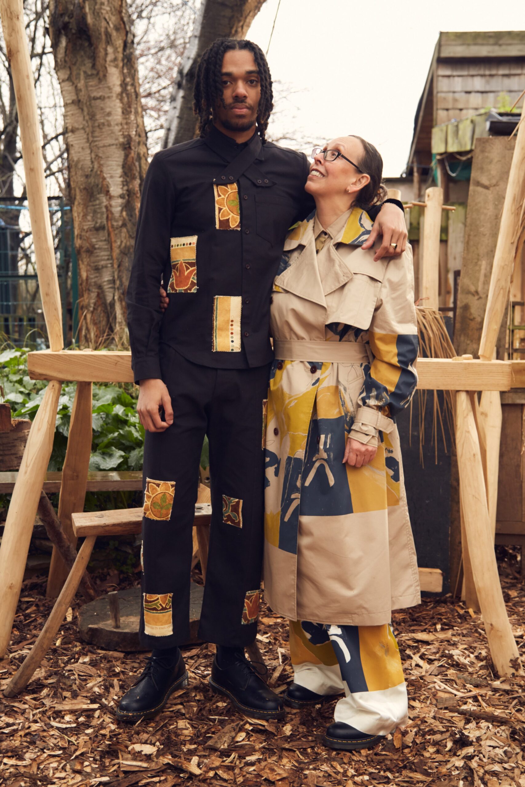 printed beige belted trench coat