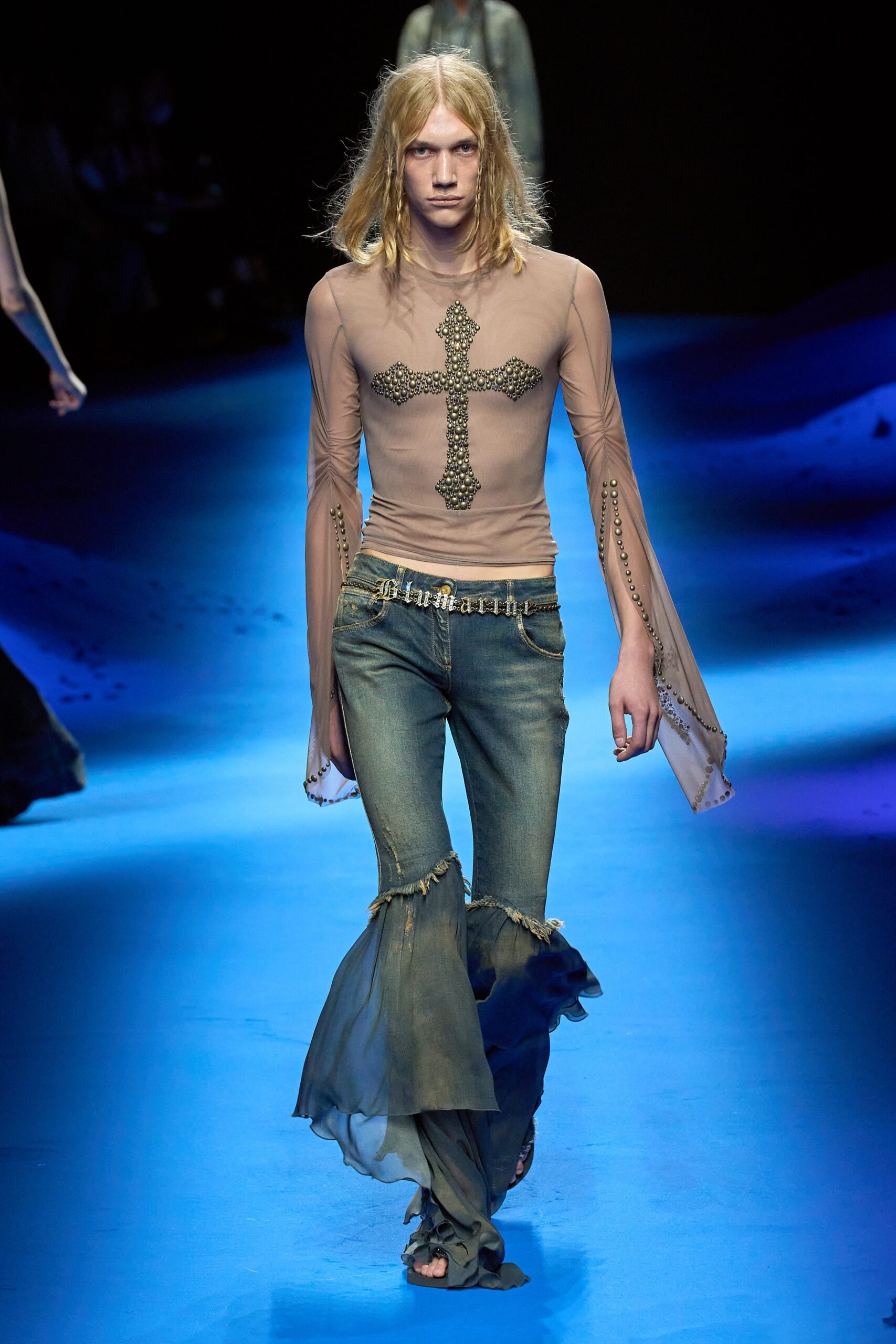 blue denim flared distressed flowing jeans
