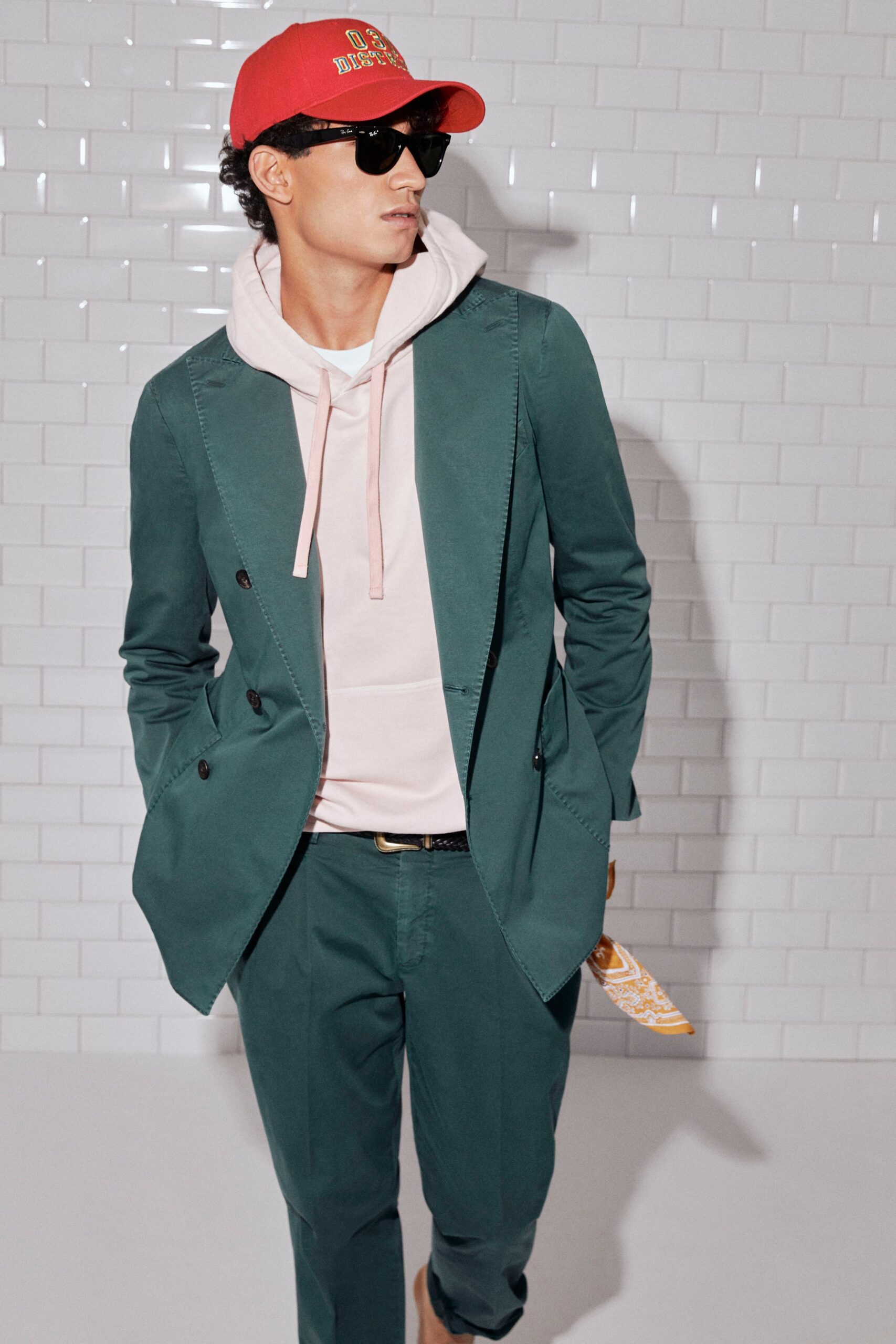 green double-breasted tailored blazer