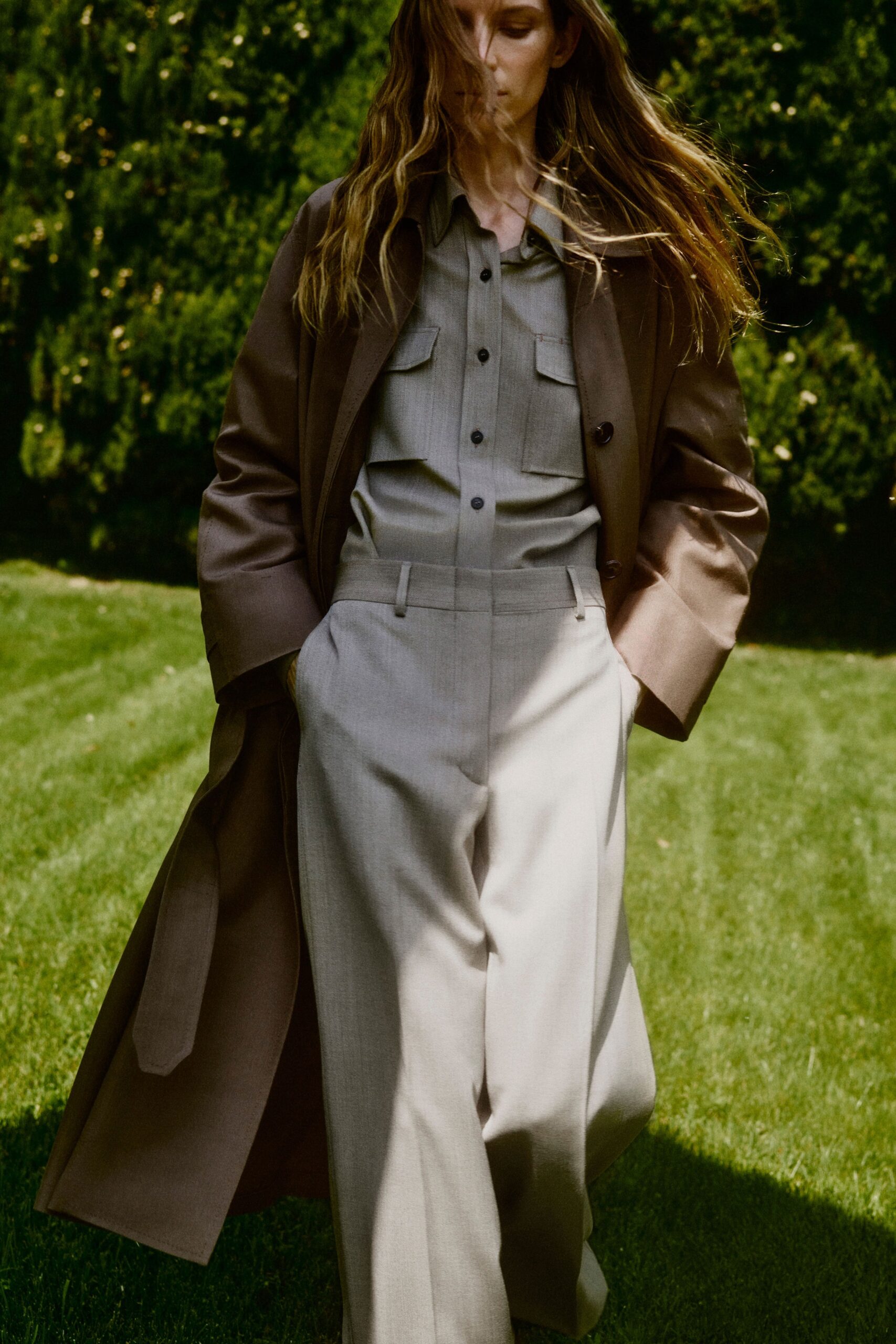 brown maxi open-front coat