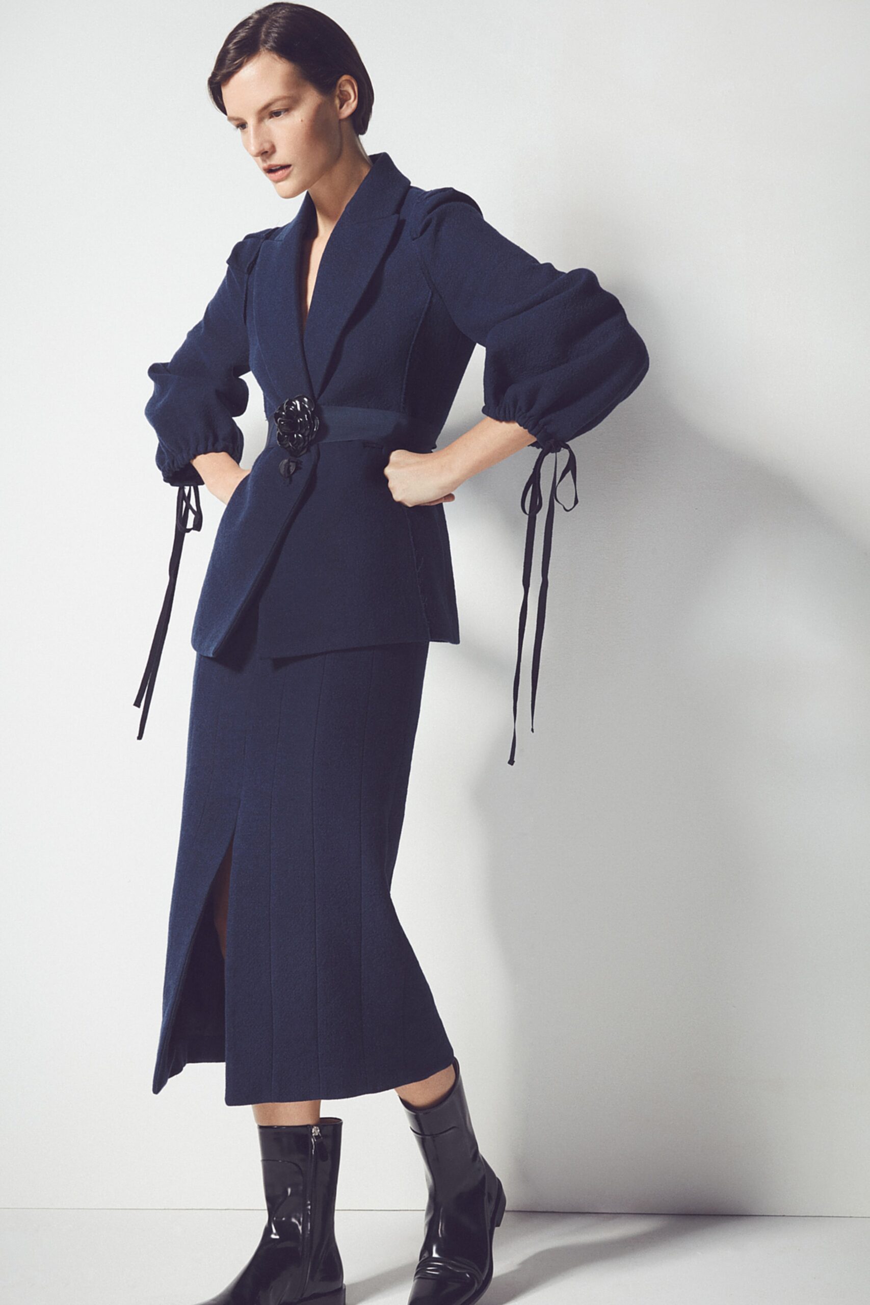 navy belted puff-sleeve blazer