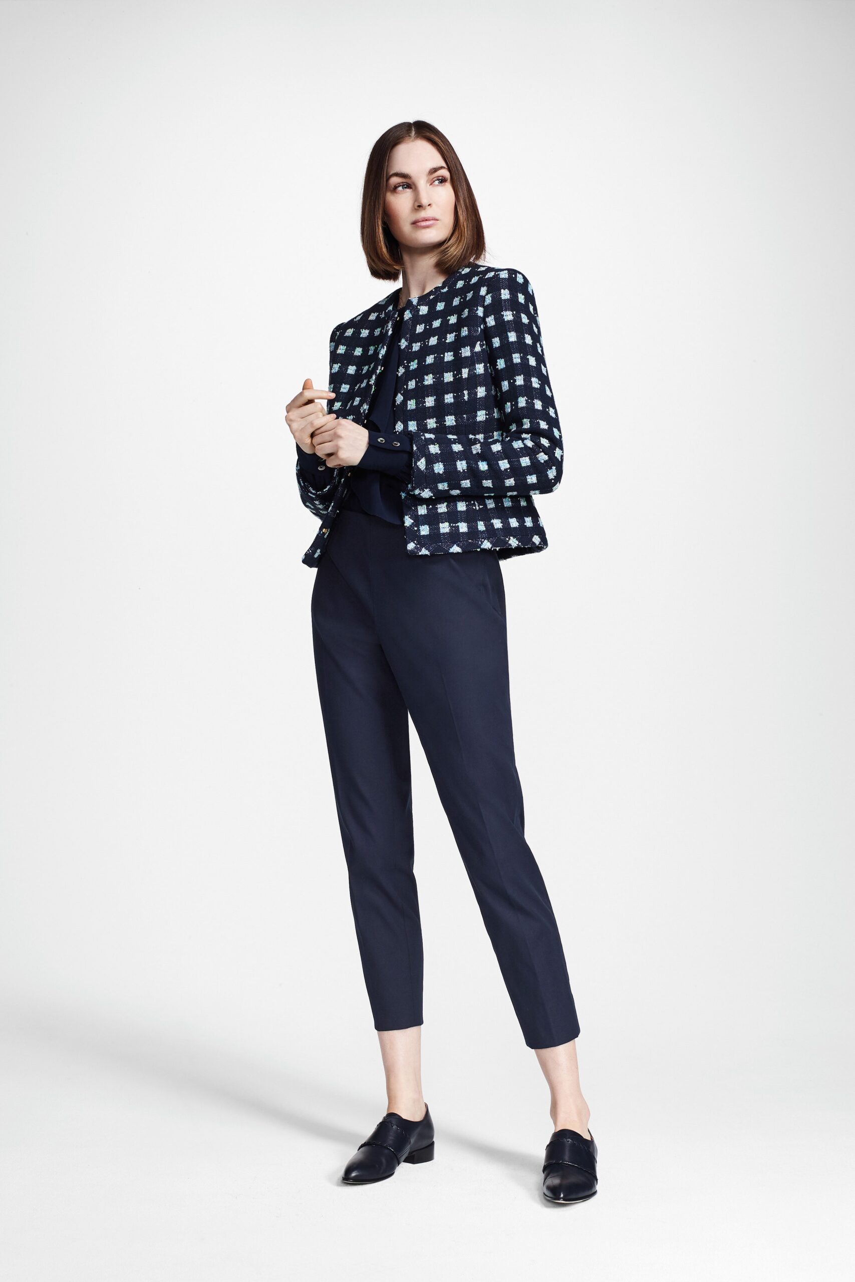 blue unknown long-sleeve high-neck ruffled blouse