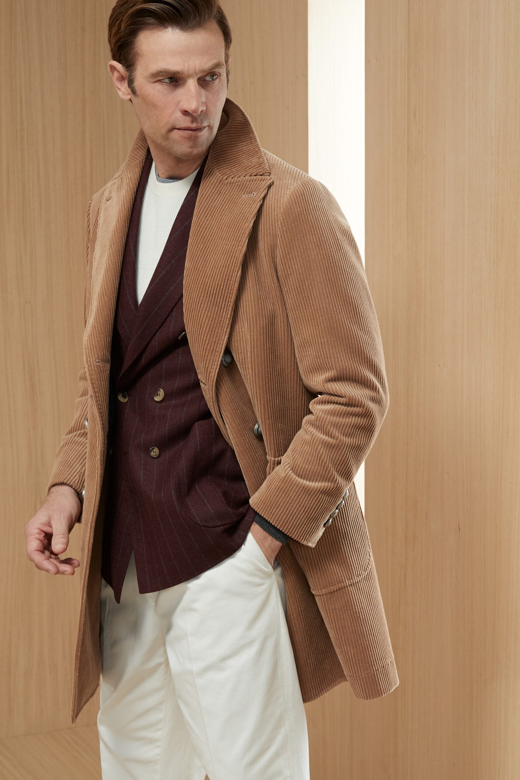 tan corduroy long-sleeve collared tailored buttoned pockets coat