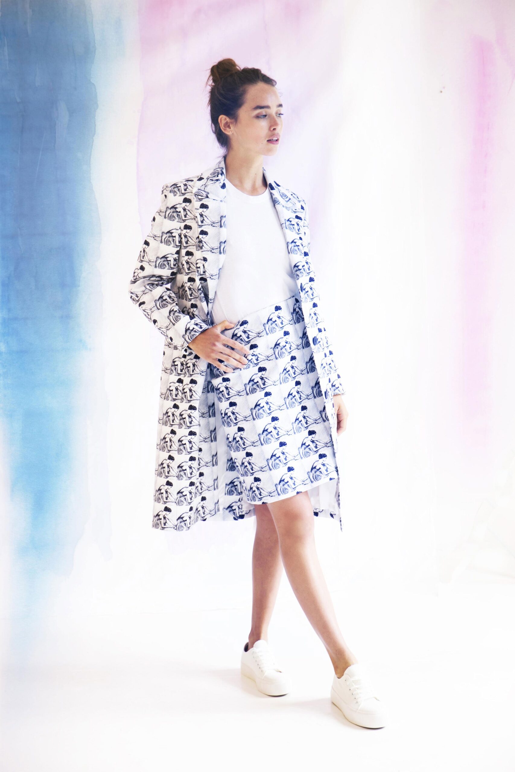 printed white and blue coat