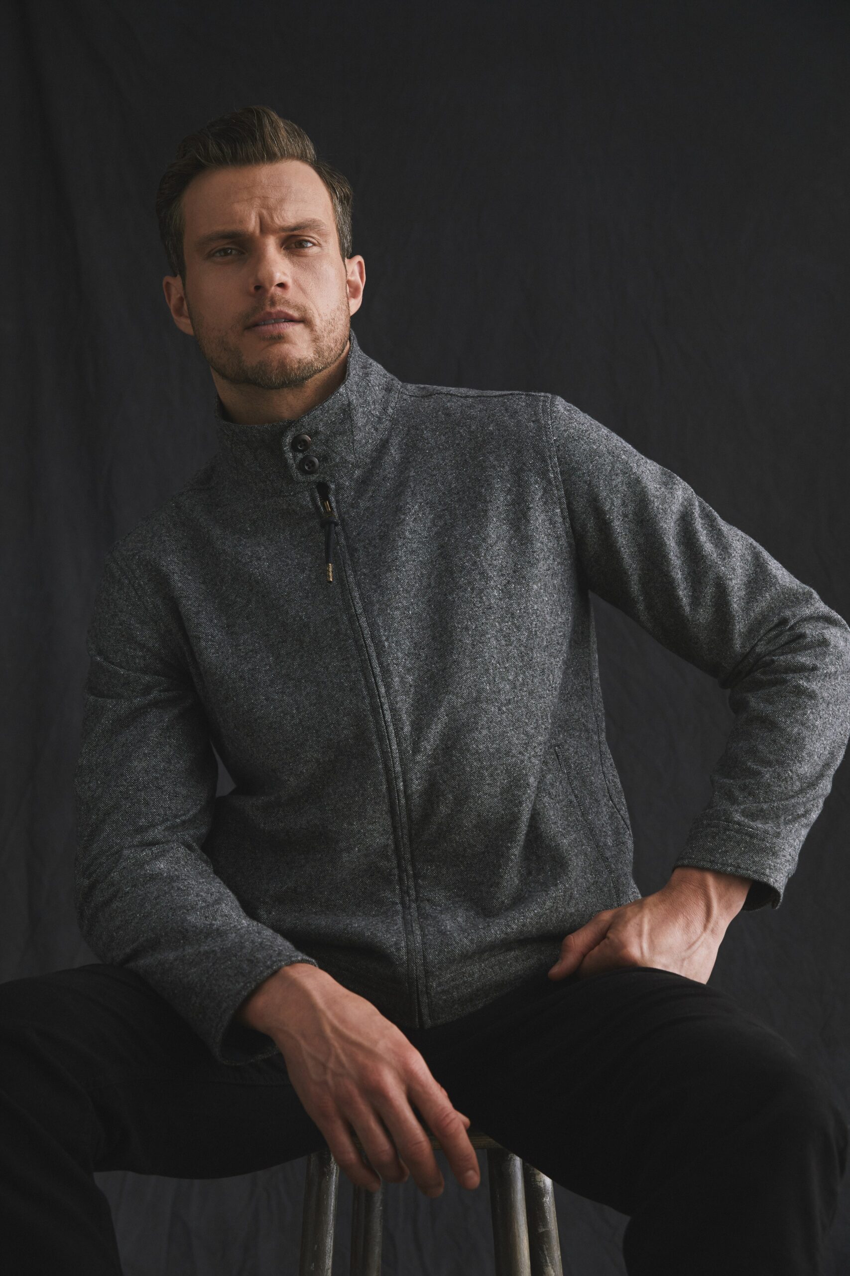 gray high-neck wool jacket