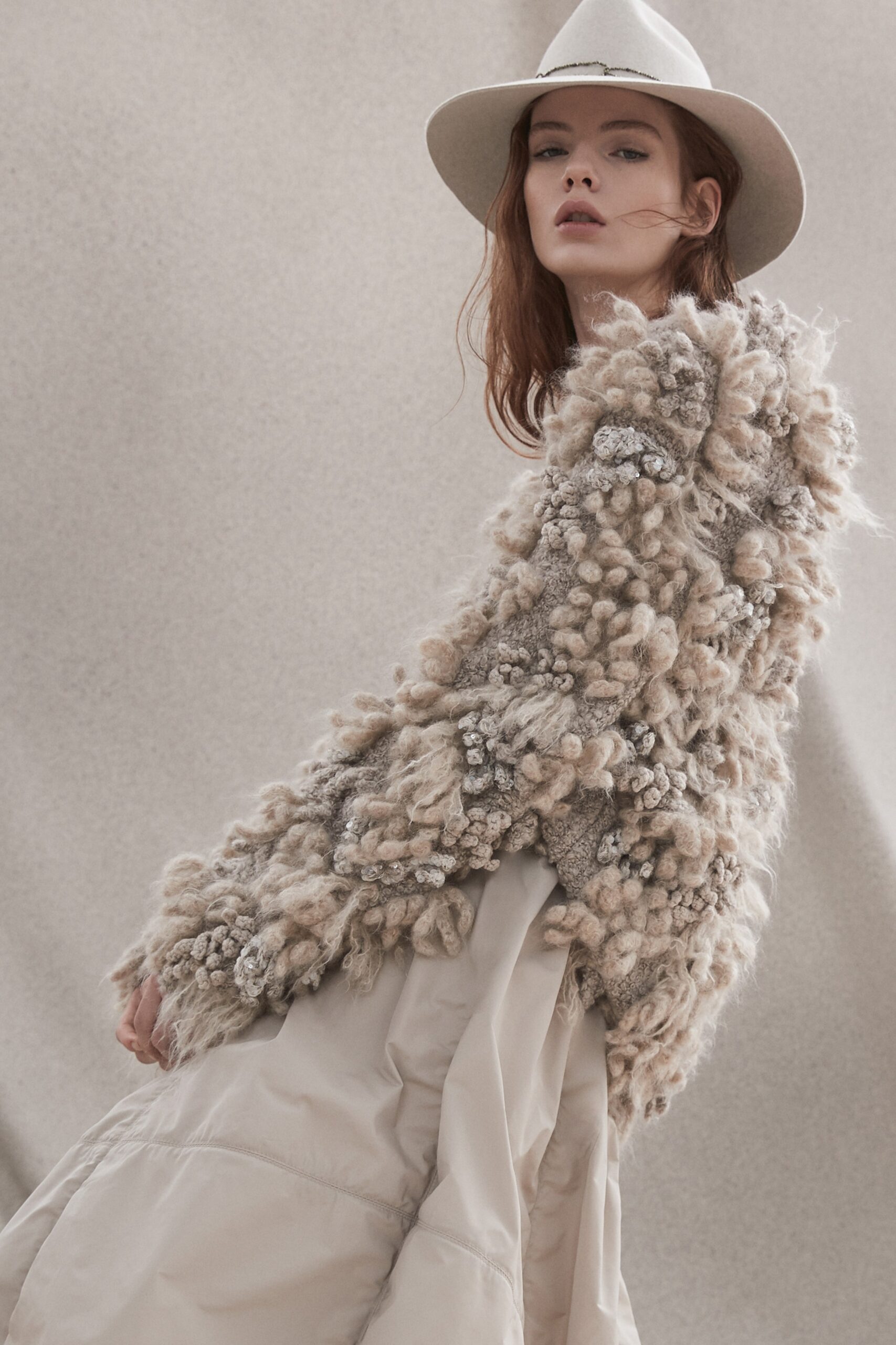beige knit long-sleeve high-neck embellished textured jacket