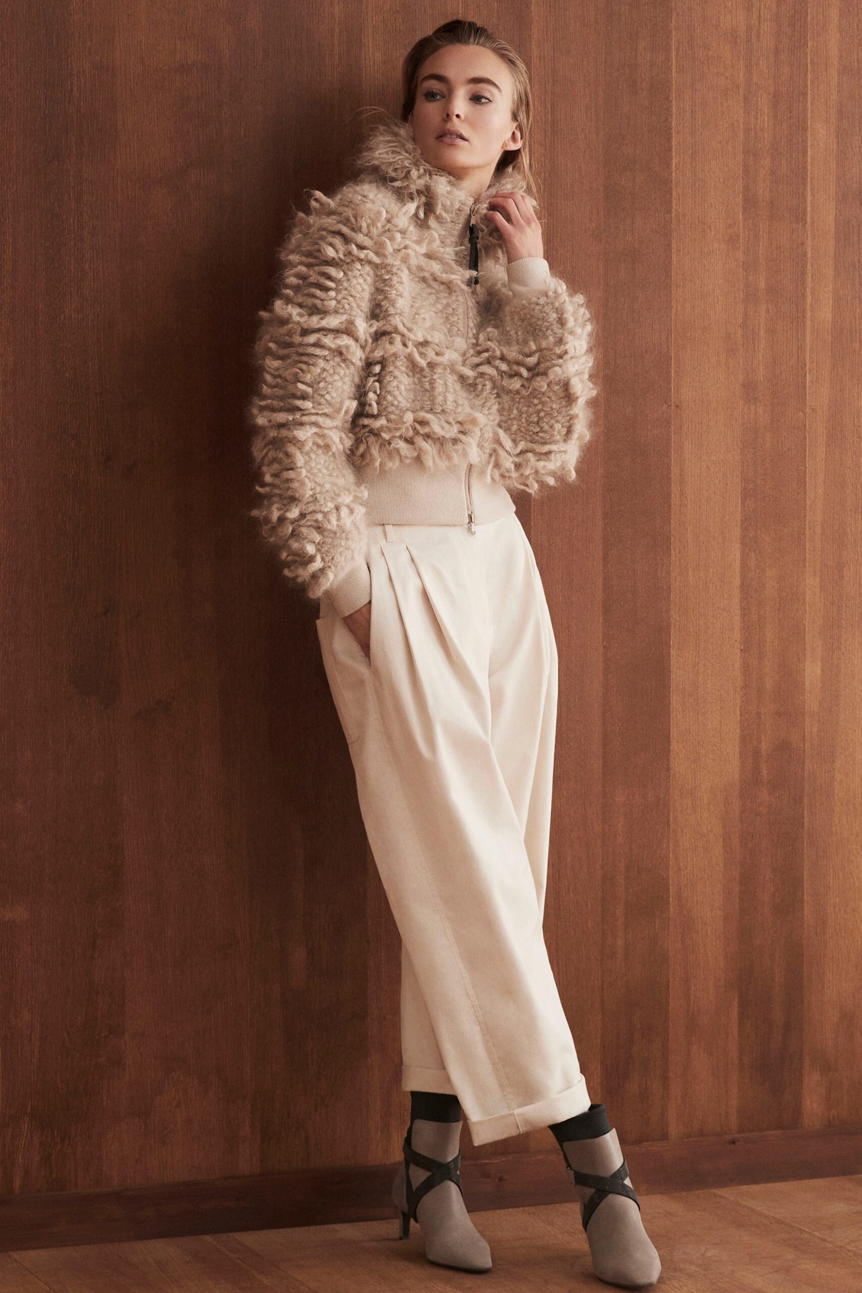 beige knit long-sleeve high-neck zippered panelled textured jacket